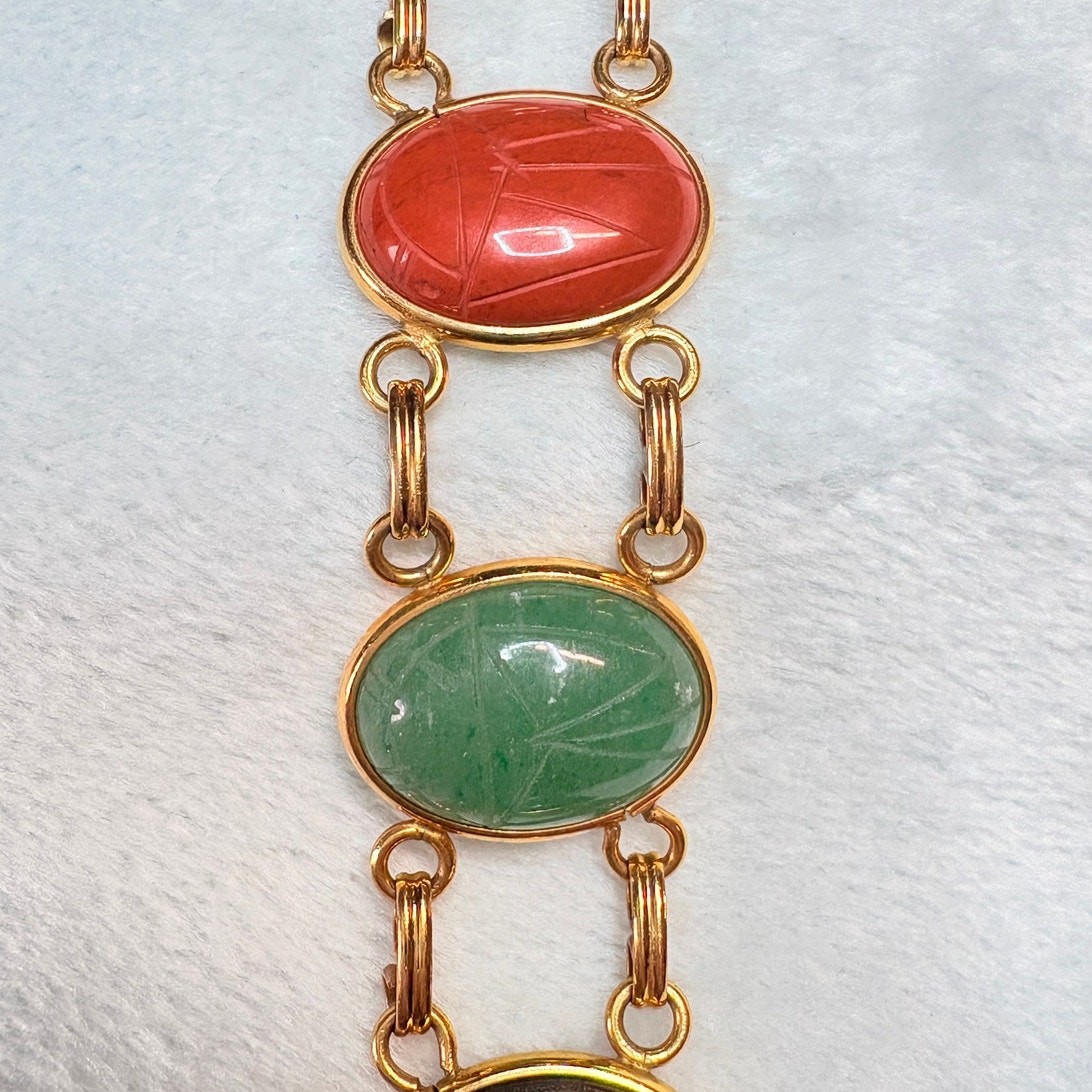 Vintage Hand‑Carved Natural Stone Scarab Bracelet, Egyptian Revival, Collectible