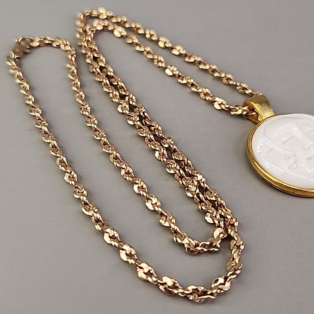Vintage Triple Moon Face Pendant Necklace Crisscross Gold Tone Chain 22″