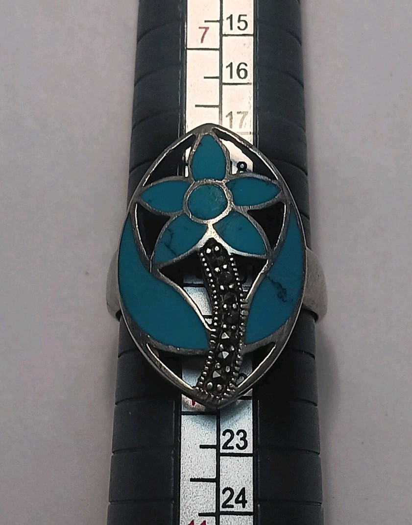 Vintage Size 9 Sterling Silver Marcasite & Blue Enamel Flower Ring