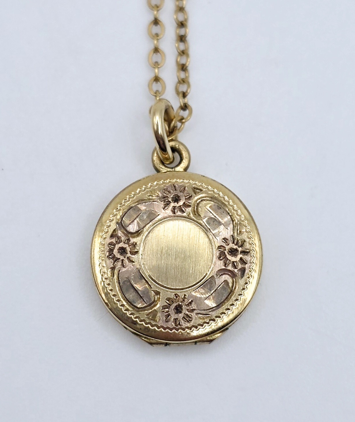 Vintage WRE WE Richards 14K Gold Filled Tiny Locket Necklace Engraved Pendant