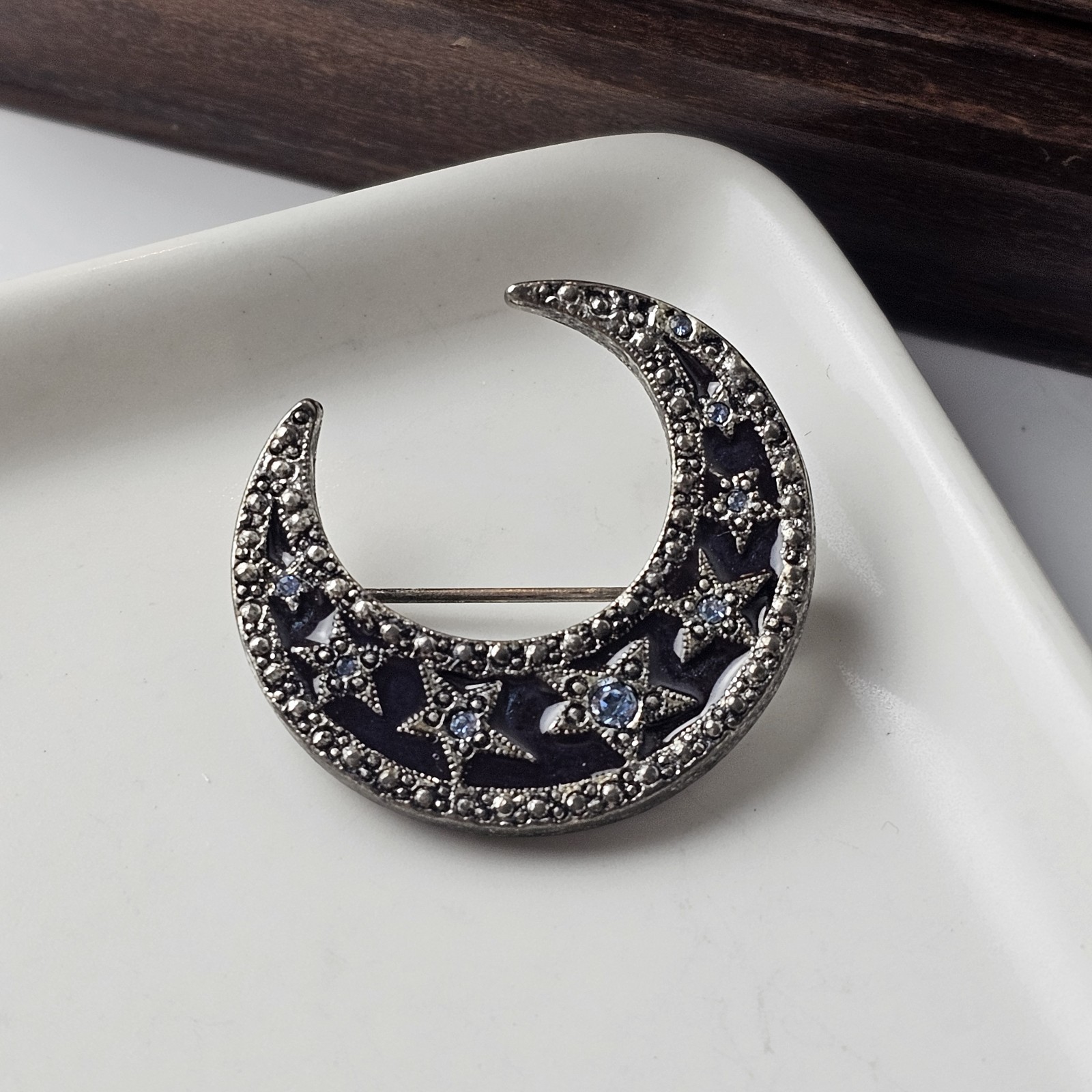 Vintage Silver Tone Rhinestone Enamel Crescent Moon & Star Brooch