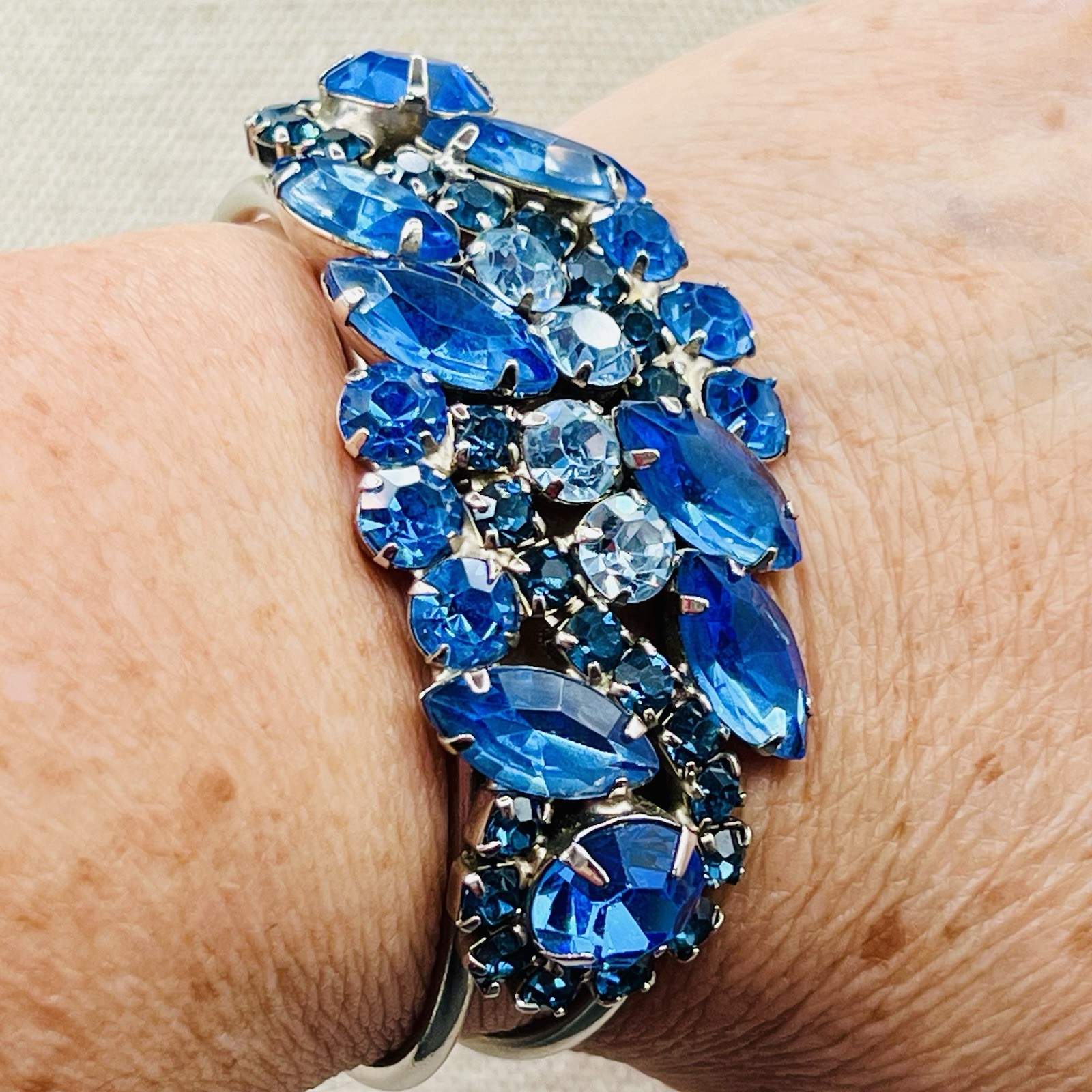 Vintage Blue Navette Rhinestone Hinged Bangle Bracelet SilverTone Statement Glam