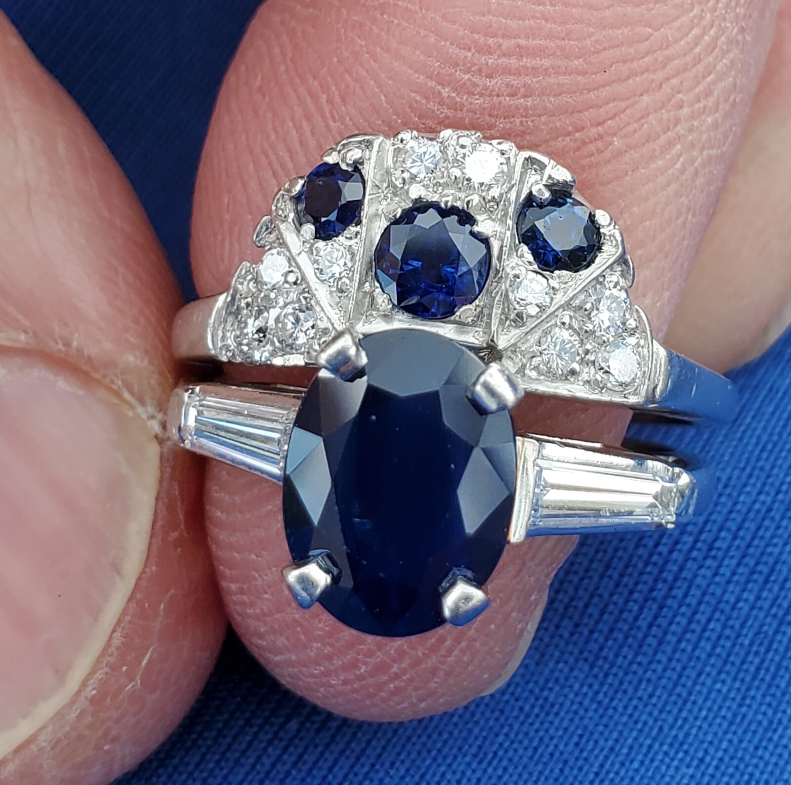 EARTH MINED SAPPHIRE DIAMON Deco Wedding Band Unique Vintage SOLID PLATINUM Ring