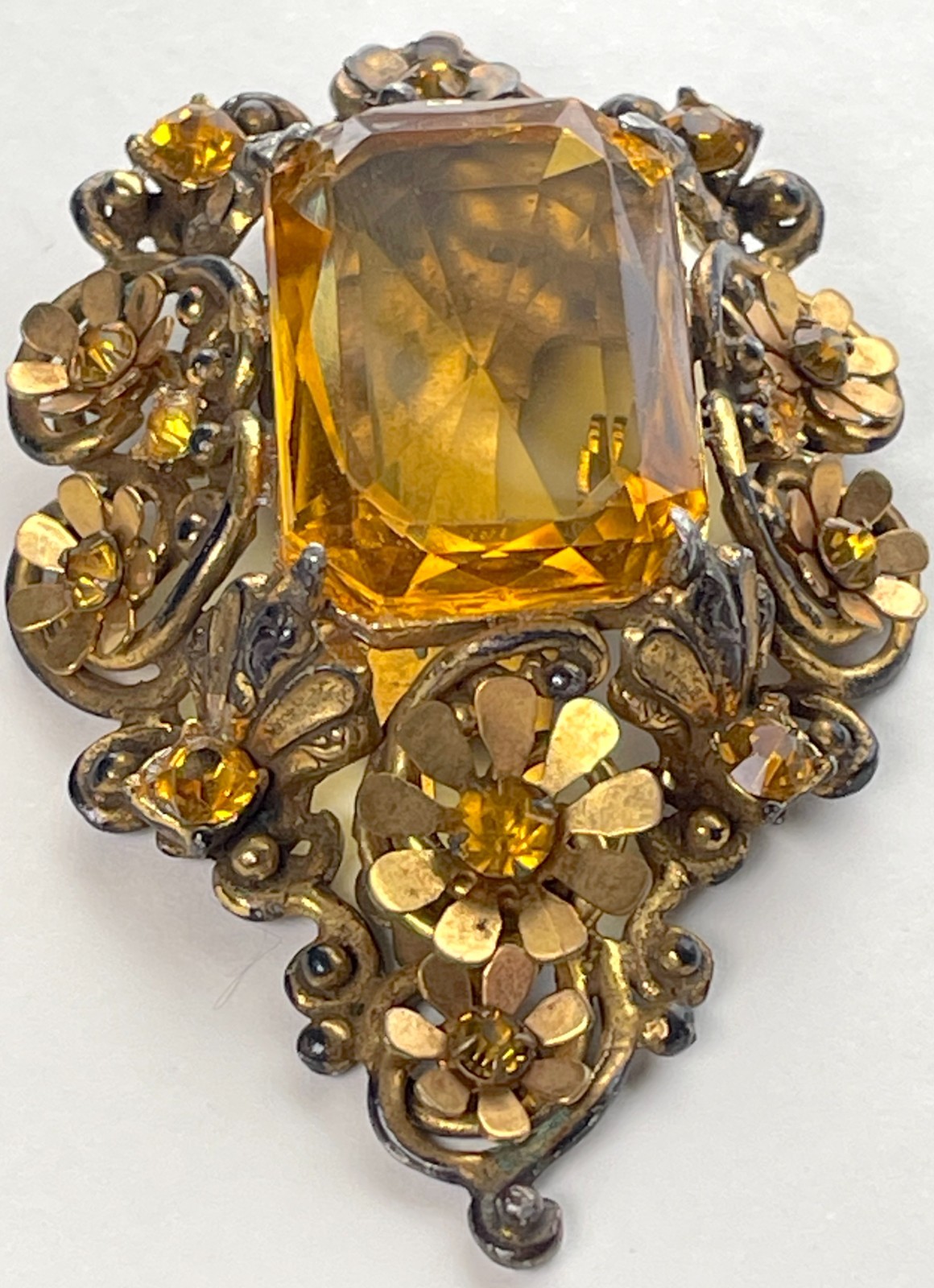 Victorian Clip Brooch | Massive Faux Citrine in Goldtone Metal – Astonishing!