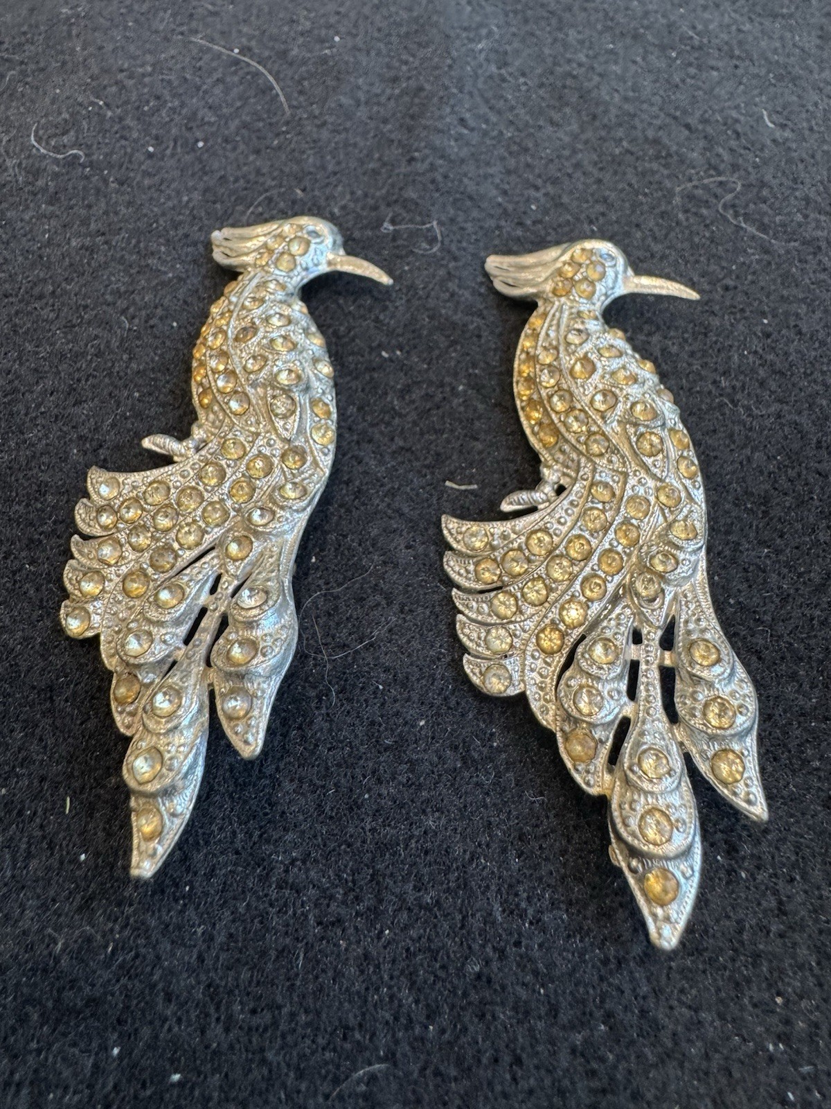 PAIR Antique Vtg Art Deco Rhinestone Peacock Bird Of Paradise Brooches 3”