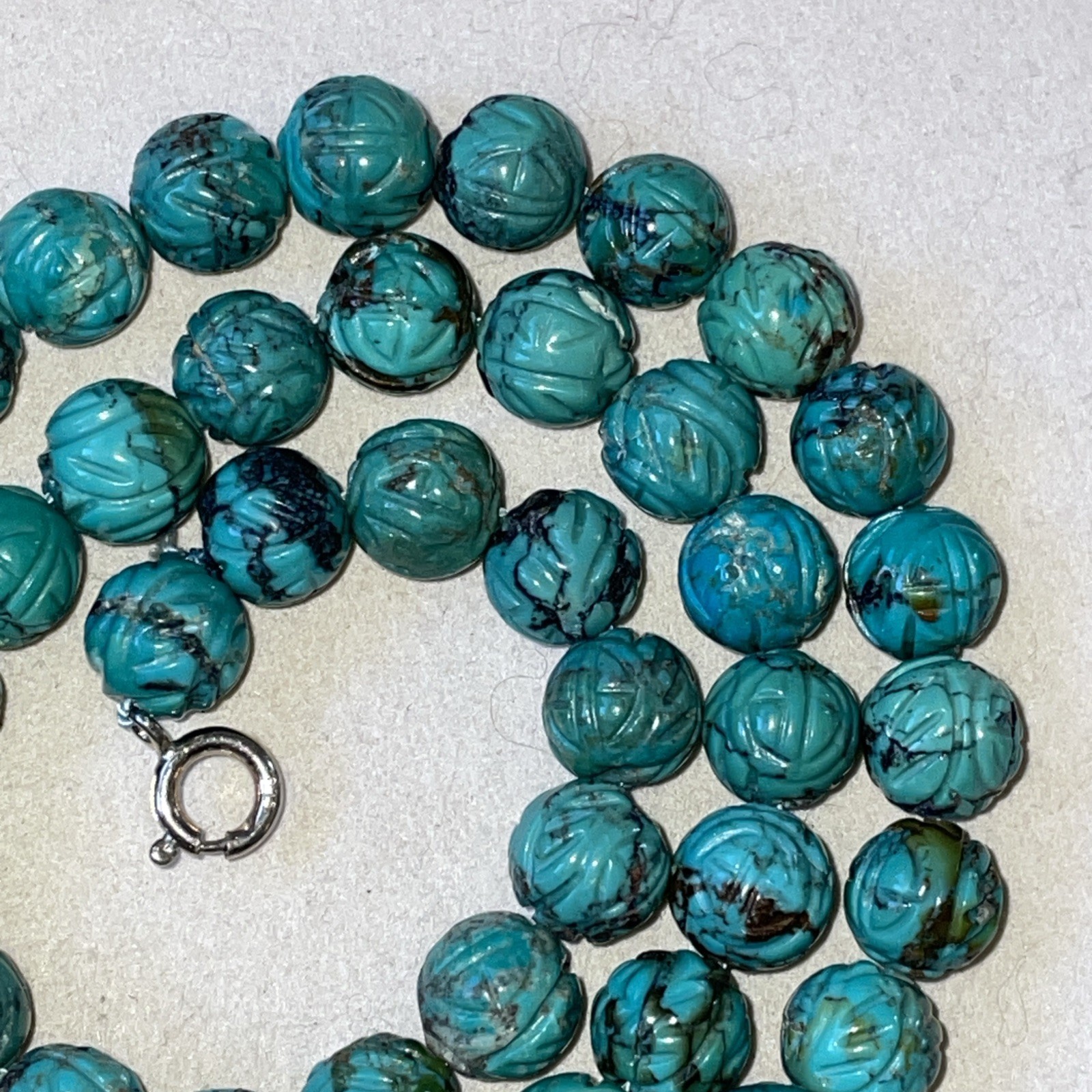 Vintage Chinese Turquoise Carved Shou Bead Necklace Sterling Silver 21” Long