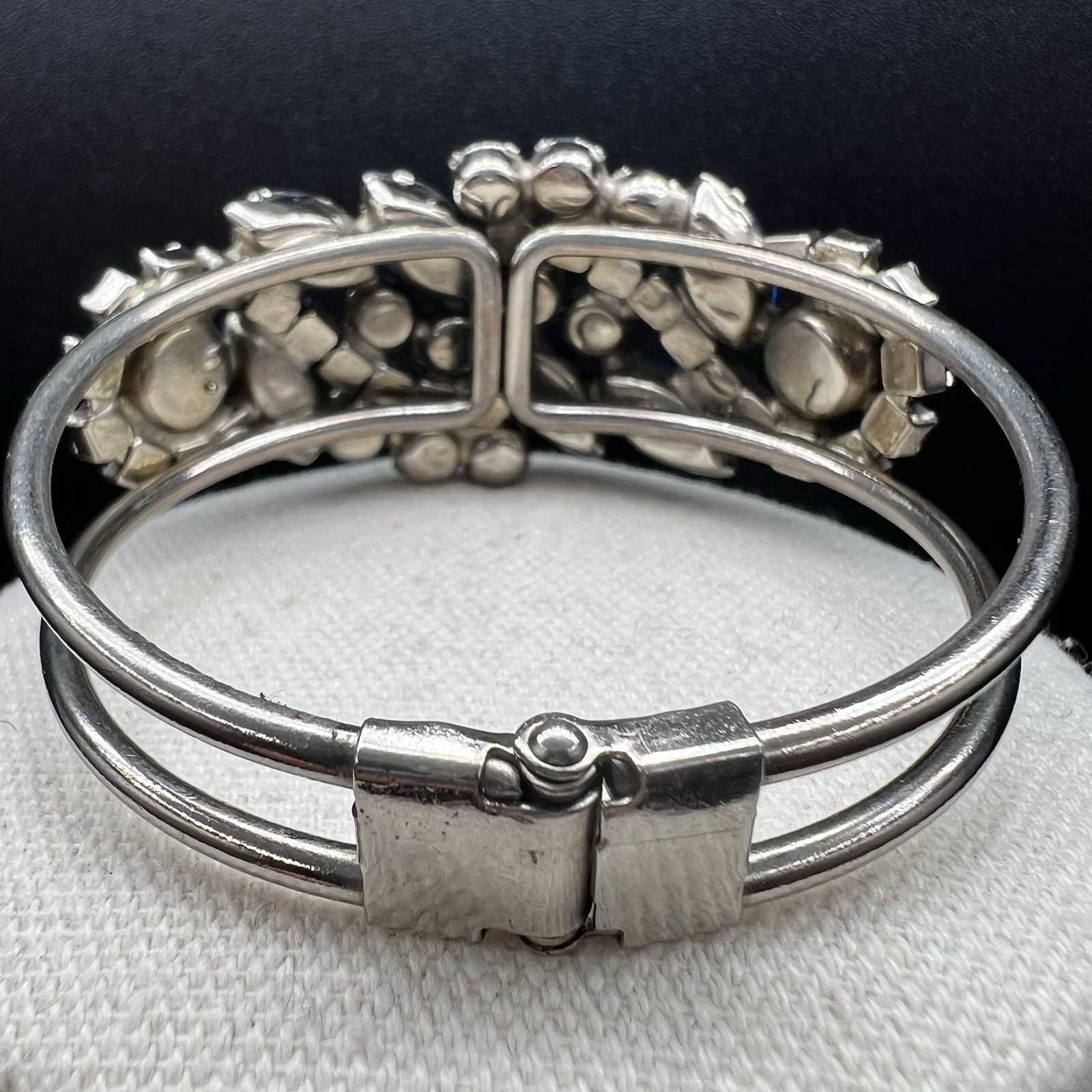 Vintage Blue Navette Rhinestone Hinged Bangle Bracelet SilverTone Statement Glam