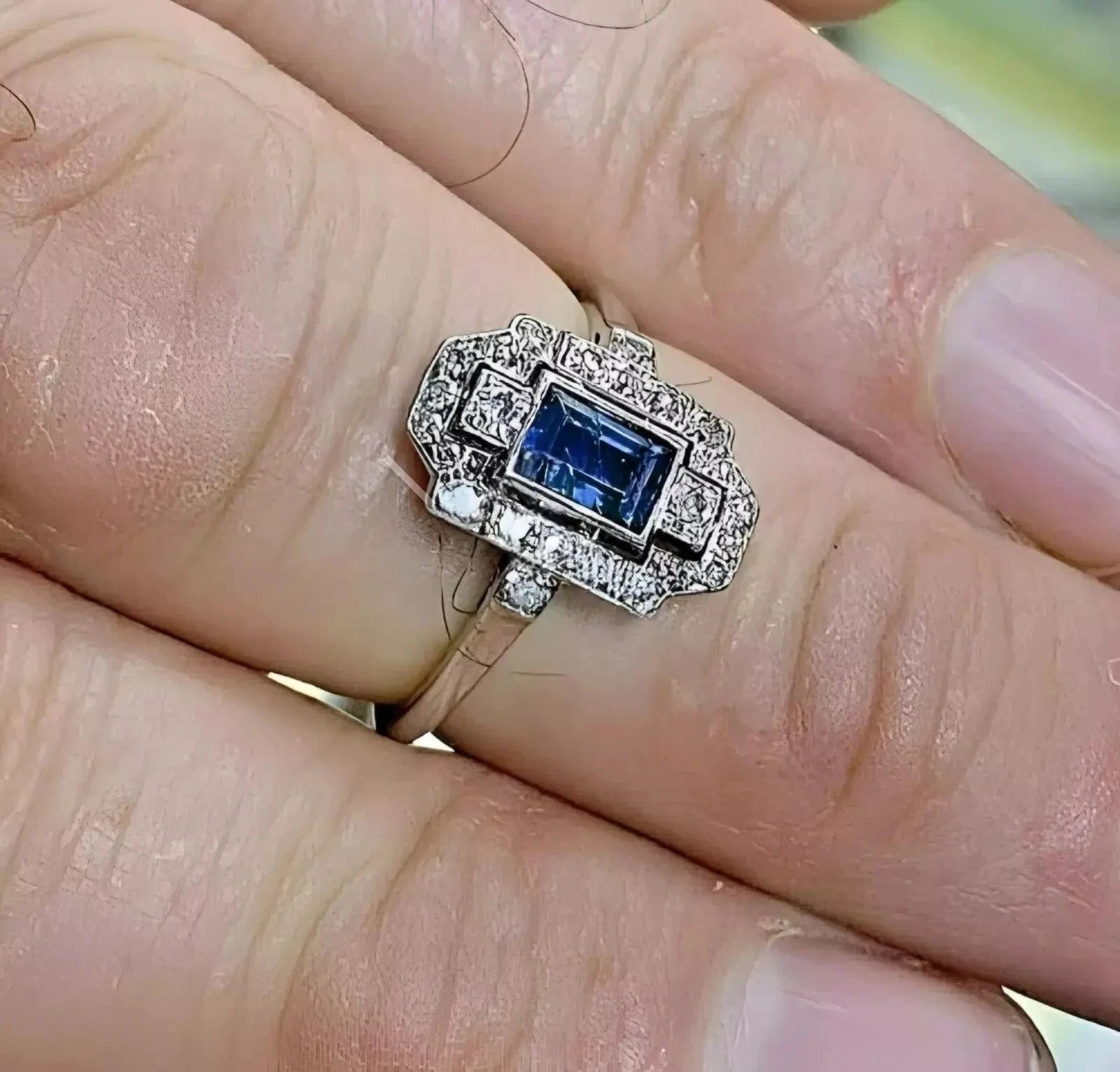 Art Deco 2.95Ct Lab Created Diamond & Sapphire Engagement 14K White Gold FN Ring