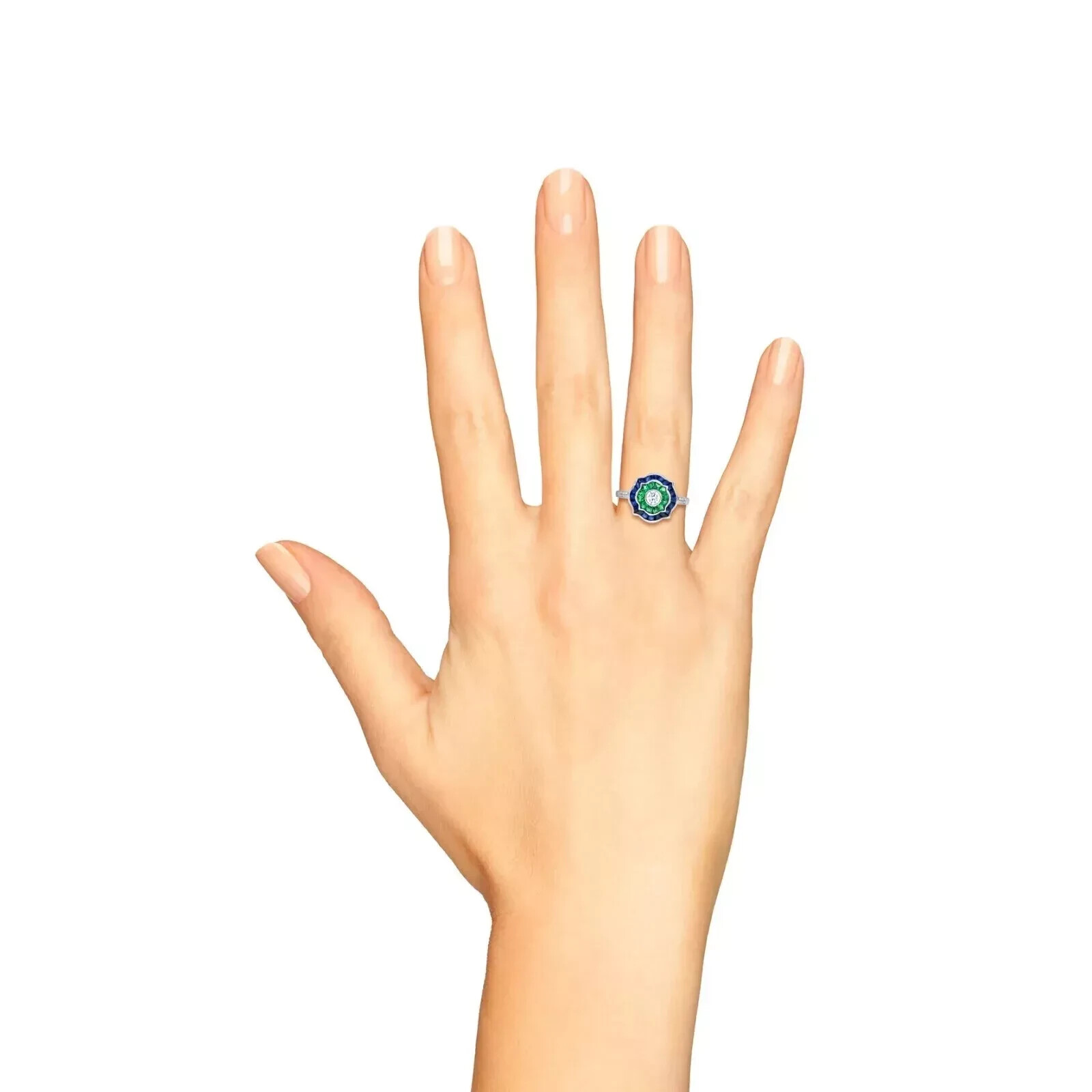 Art Deco Style Lab Created Diamond Emerald Sapphire Ring 14K White Gold Finish