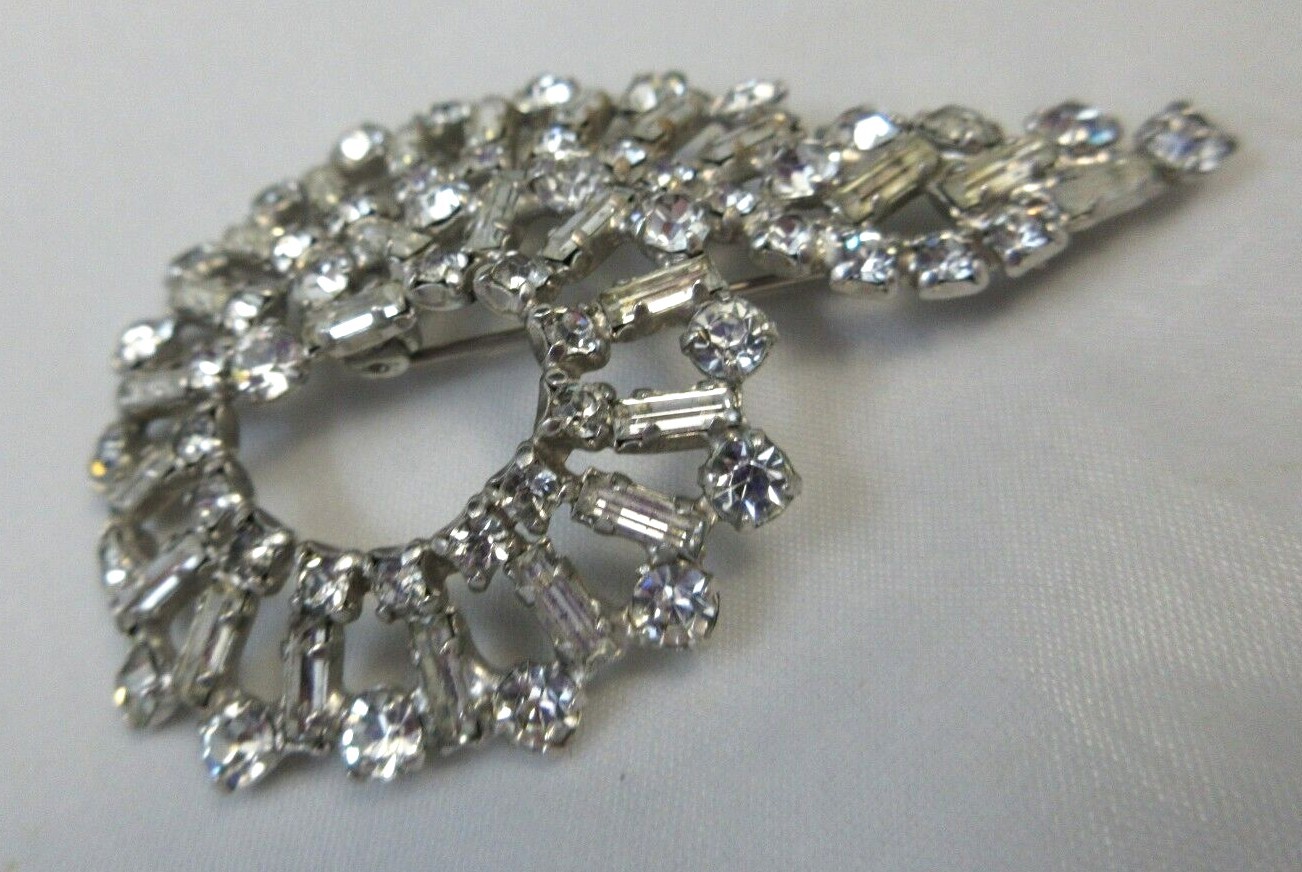 High End Prong Set Clear Rhinestone Brooch w/Baguette Stones Silver Tone Swirly