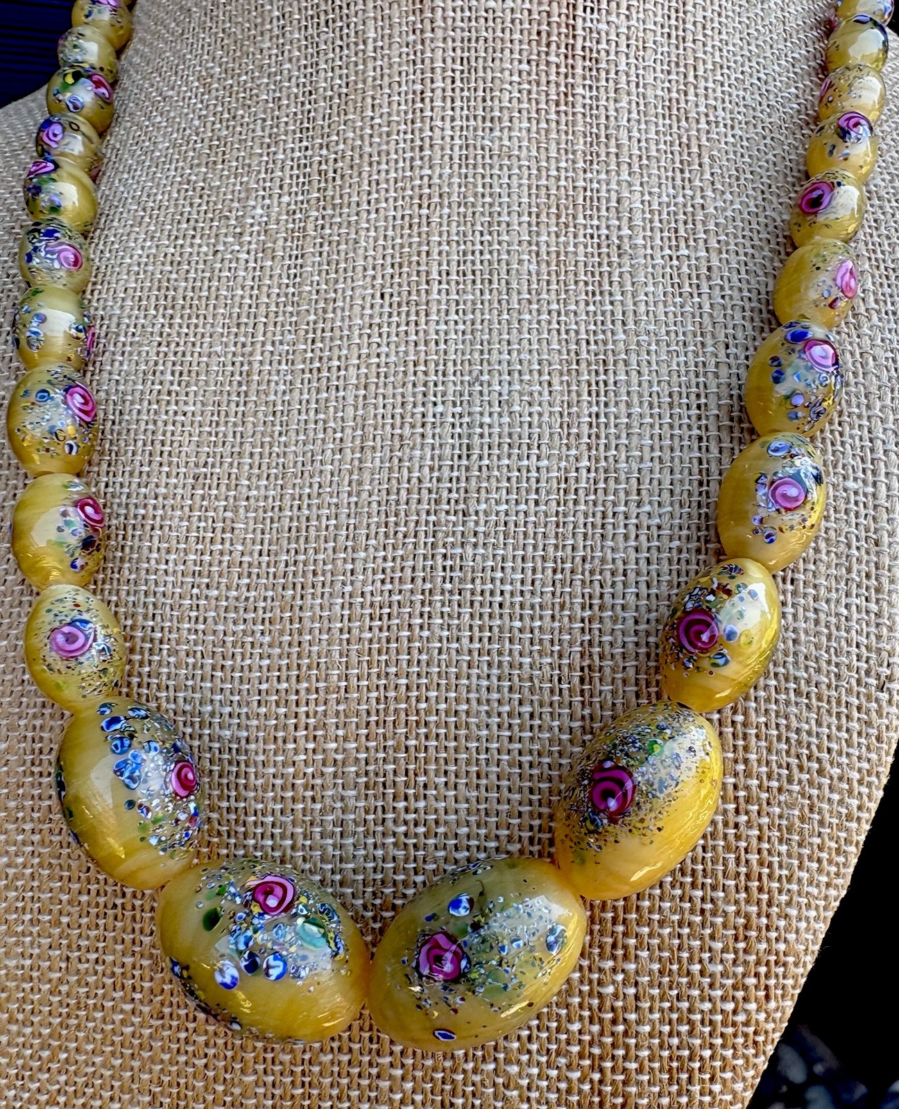 CZECH 1920’S NECKLACE YELLOW SATIN GLASS BEADS WITH FLOWERS 19.6″ Long
