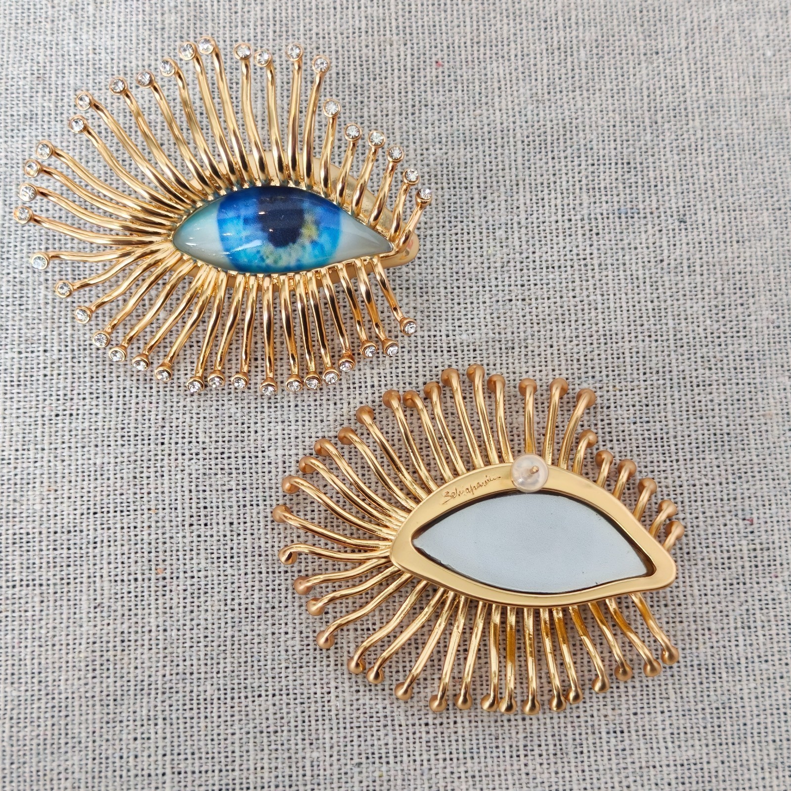 Schiaparelli Blue Eye Shape Luxurious Texture Golden Earrings WITH BOX