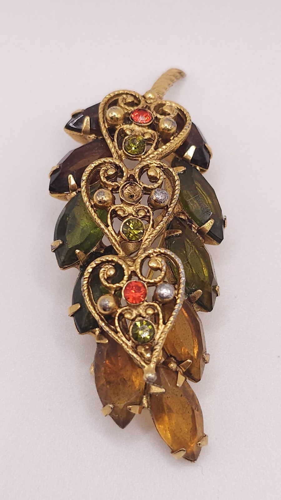 VTG Green Yellow Rhinestone Leaf Spray Brooch Gold-Tone