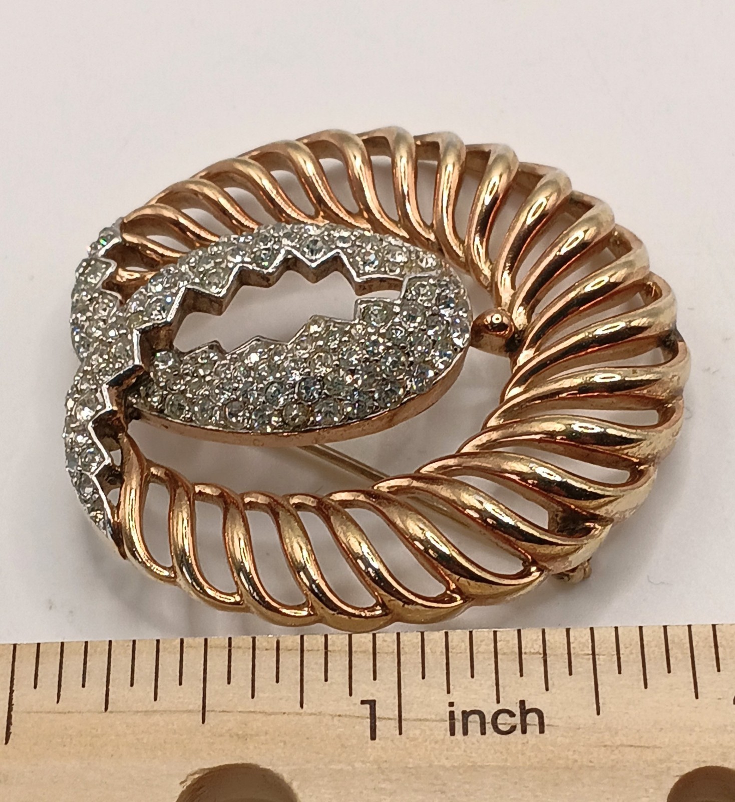 Vintage TRIFARI Pat Pend Rhinestone Swirl Brooch Pin Gold Tone Two Tone Circular