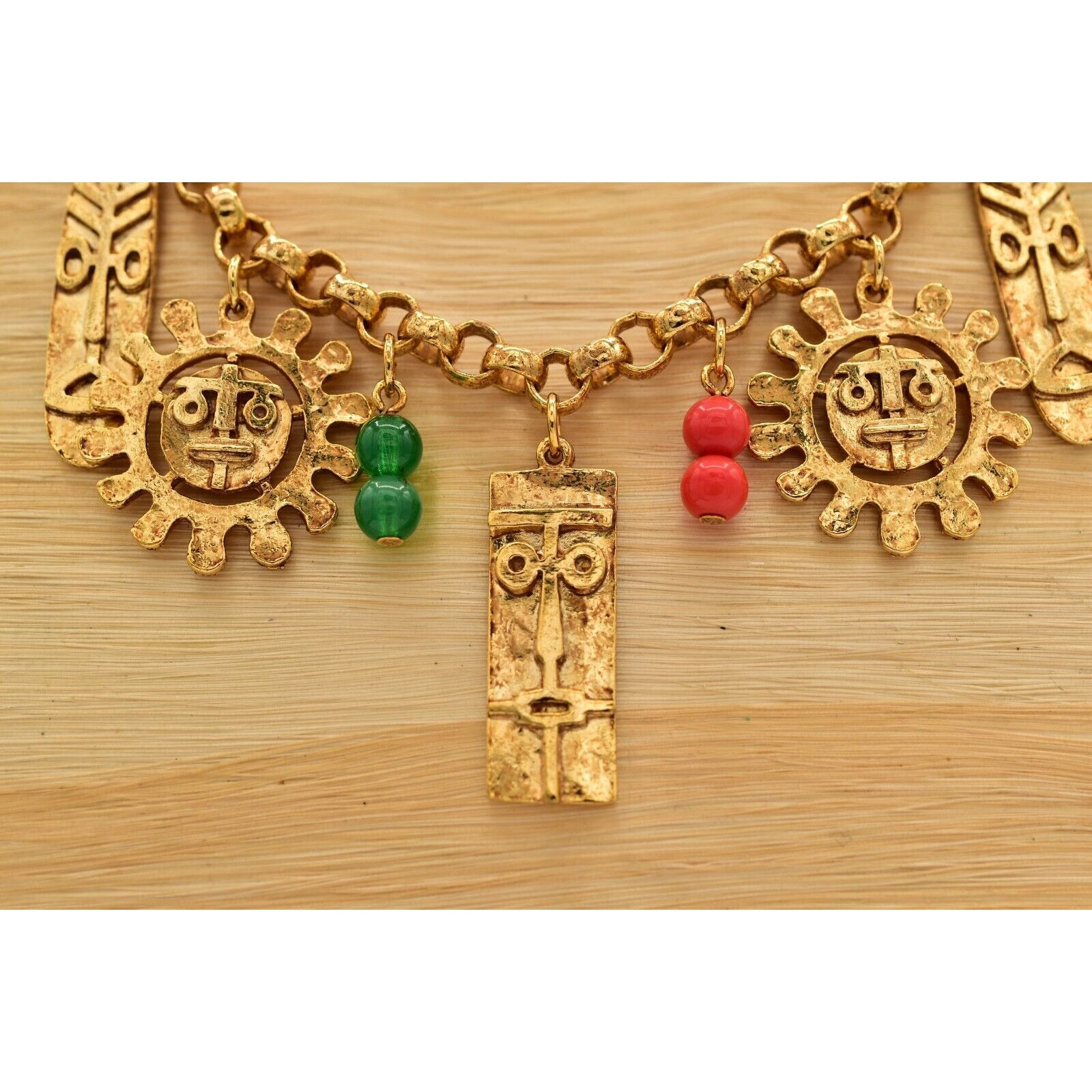 Vintage Tribal Charm Necklace Sun Tiki Mask Beaded Gold Heavy Chunky NOS BinA5