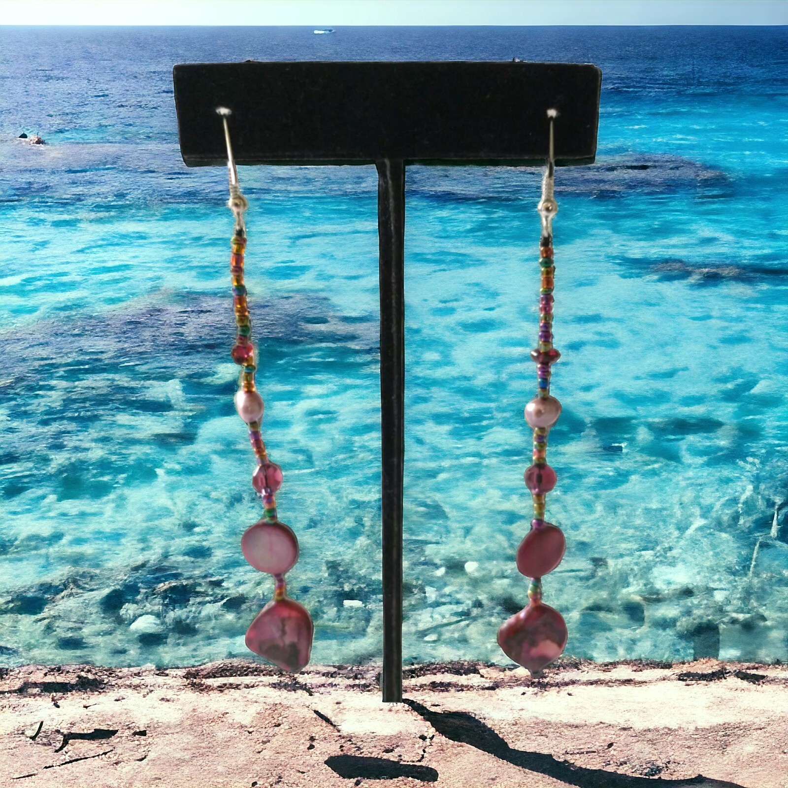 Pink Shell Beaded Dangle Earrings Boho Coastal Beach Mermaidcore Statement