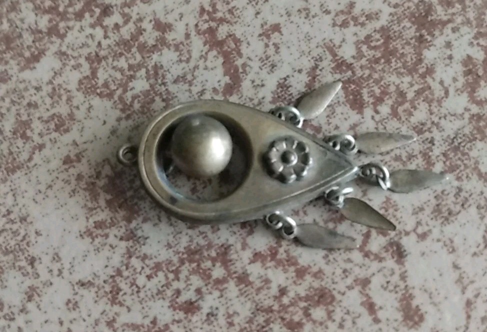 Antique Victorian Silver & Bronze Necklace Dangle Attachment Fancy Flower & Ball