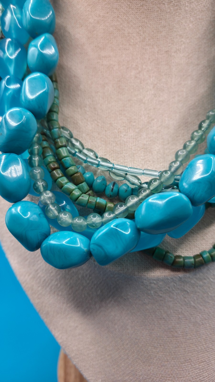 Vintage Turquoise Blue Beads Multi Strand Beaded Statement Necklace 8.5″ Chunky