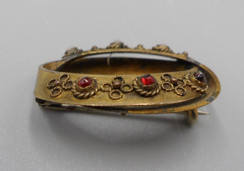 Antique Victorian Brooch Intertwined Ovals Rose Cut Red White Bezel Set Stones