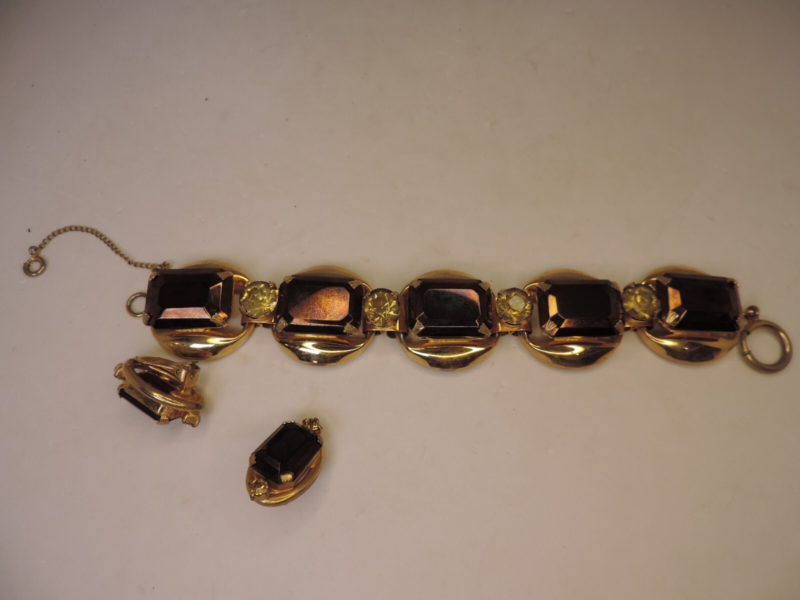 Bracelet Earrings Set 5 Link Brown Green Large Rhinestones Open Backs MCM Trendy