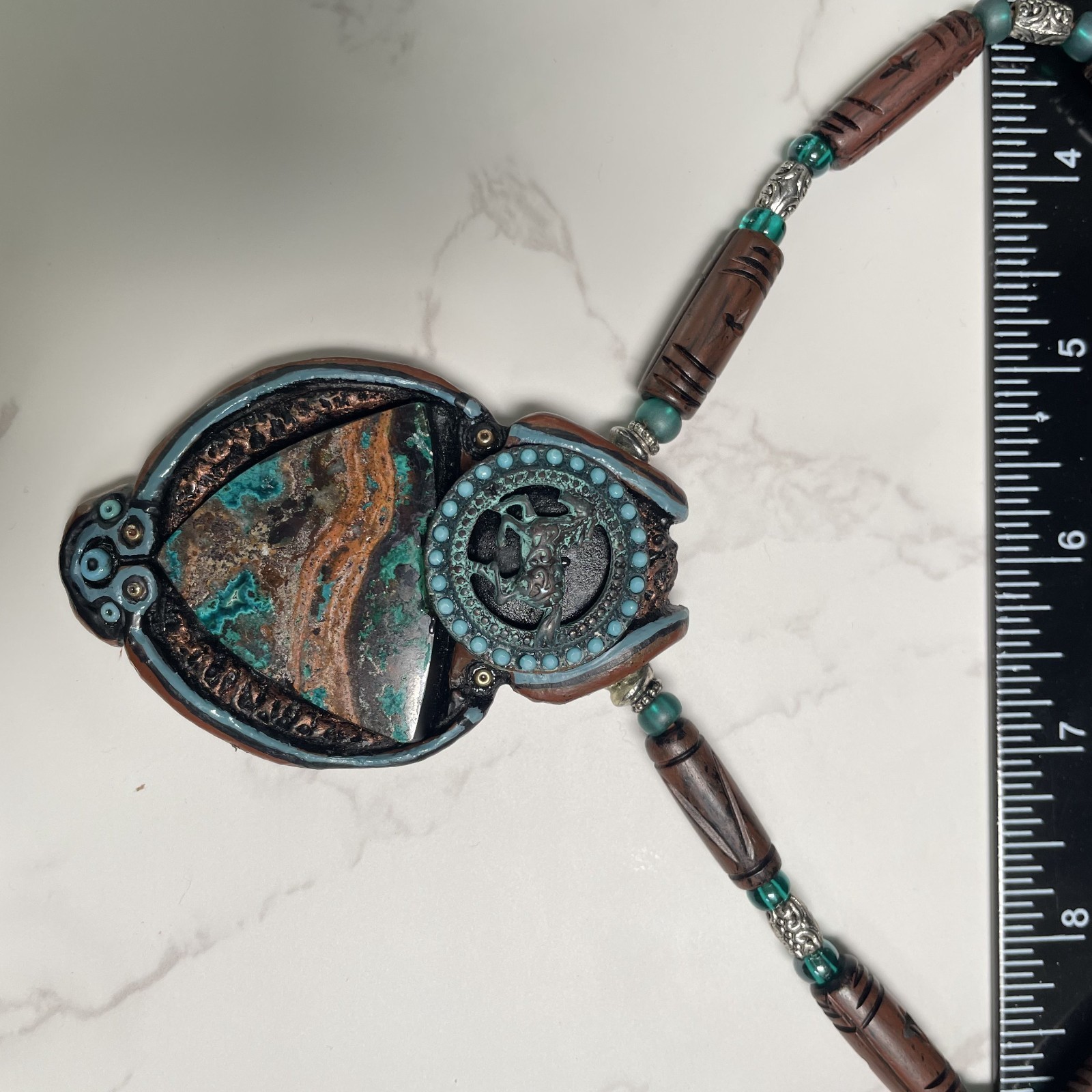 Boho Artisan Triangle Royston Turquoise w/Running Horse Turquoise beads Necklace
