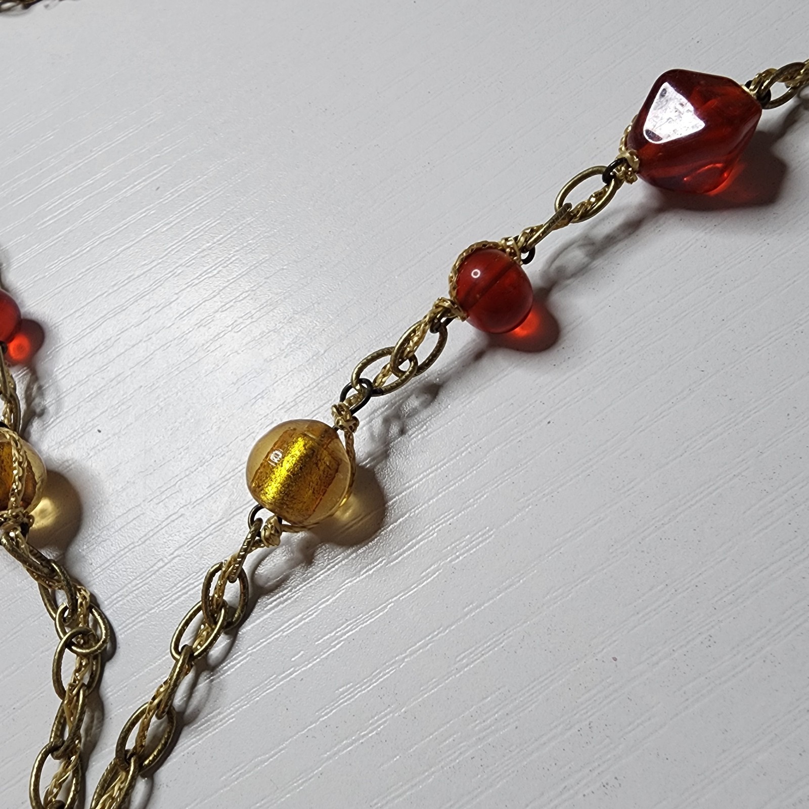 Vintage Coldwater Creek Red Yellow Glass Beaded Necklace Signed Nature Leaf Adj.