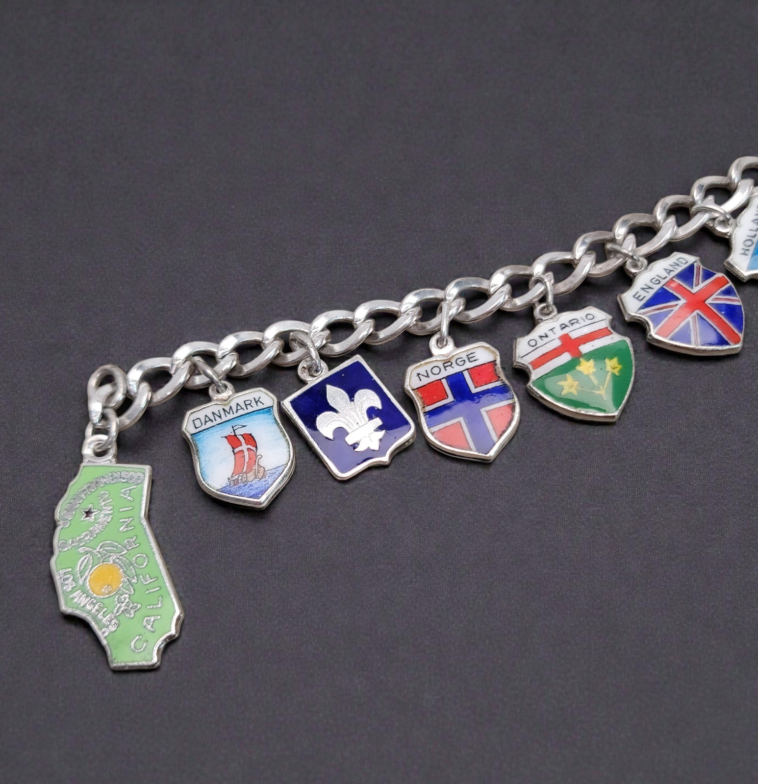​VTG Sterling Silver Enamel Travel Shield Charm Bracelet 25g Formosa London Well