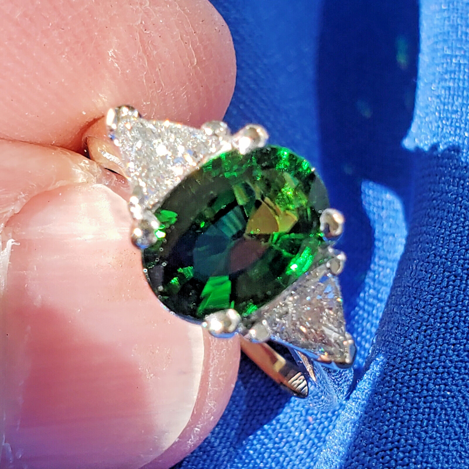 Original EARTH MINED Tourmaline DIAMOND Deco Engagement Ring 14K WHITE GOLD S 7