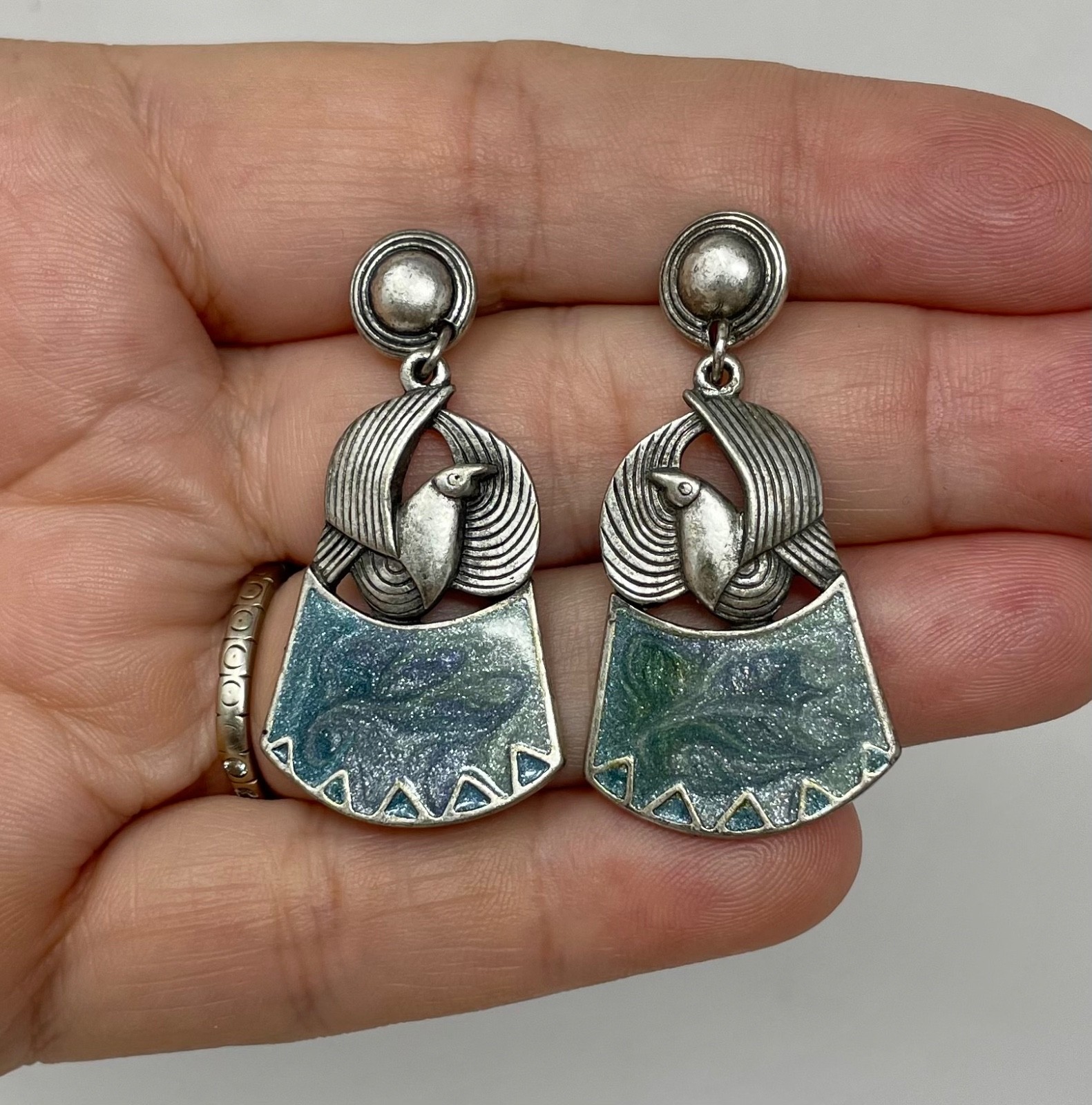 Vintage Edgar Berebi Blue Enamel Bird Dove Silver Tone Dangle Pierced Earrings
