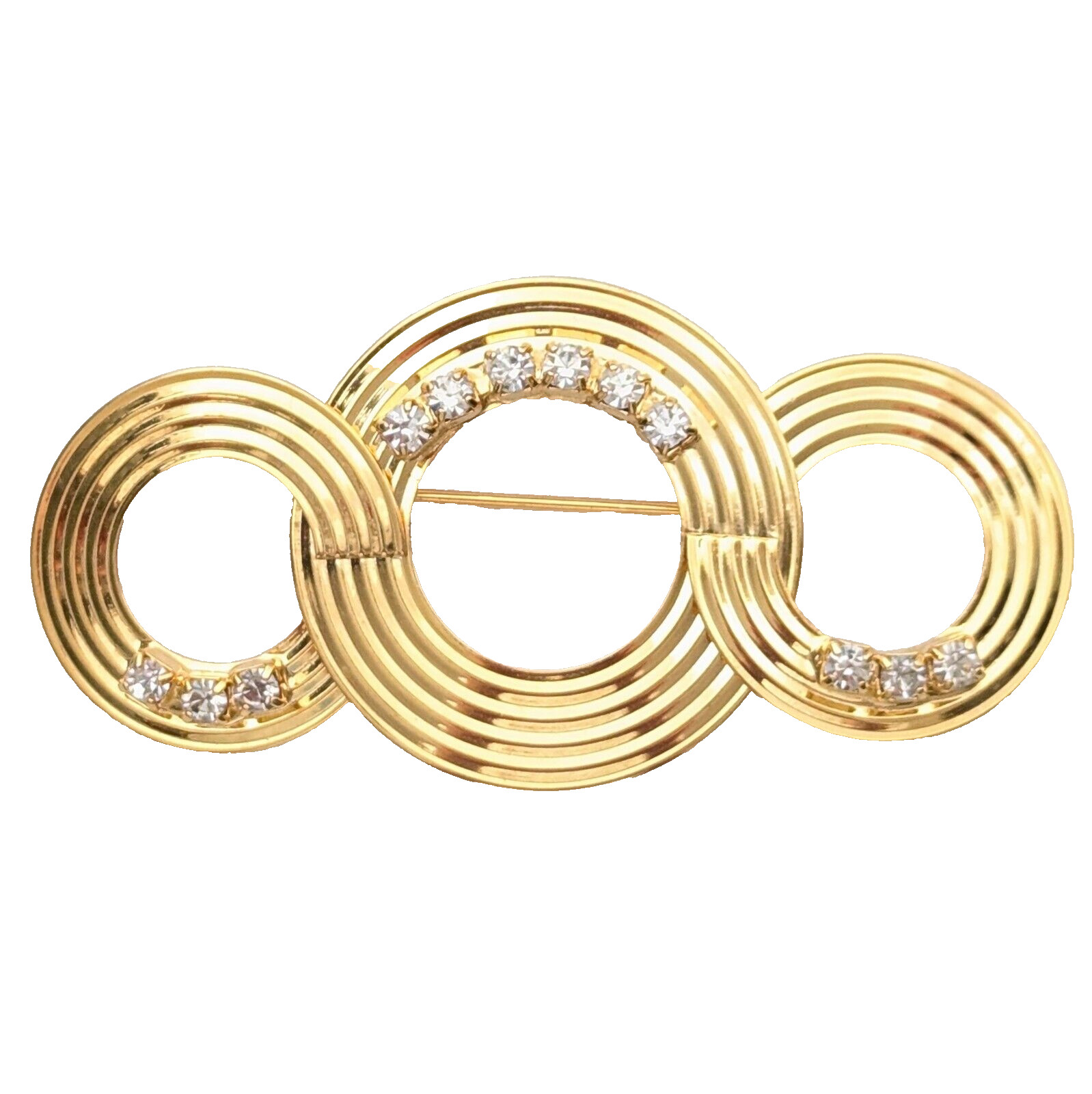 Art Deco Style Interlocking Circle Brooch Pin Rhinestone Vintage Jewelry 2.5″