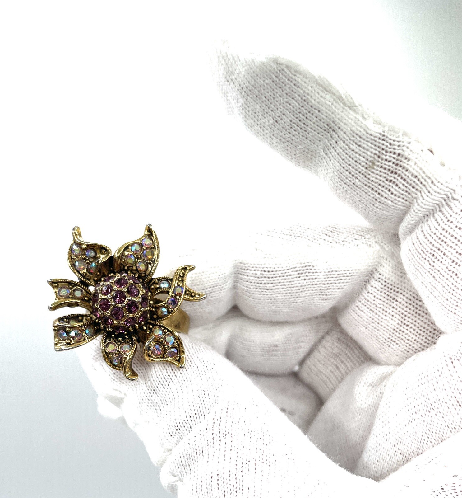 Sunburst AB Crystal Sunflower Gold Expandable Cocktail Ring Vintage Estate Piece