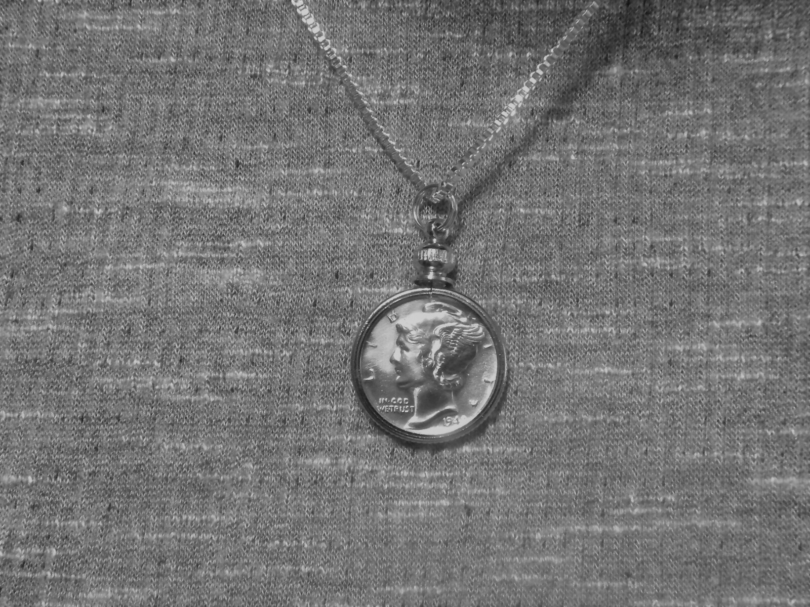 Coin Pendant Silver VINTAGE MERCURY DIME Bezel Sterling Silver Plated 18” Chain