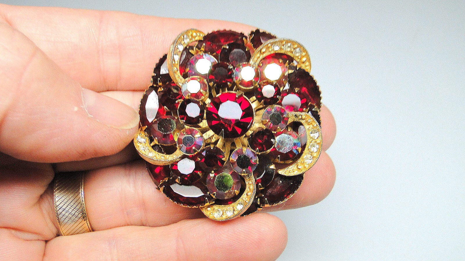 Vintage Red Rhinestone Pin & Ornate Crystal Bracelet Lot