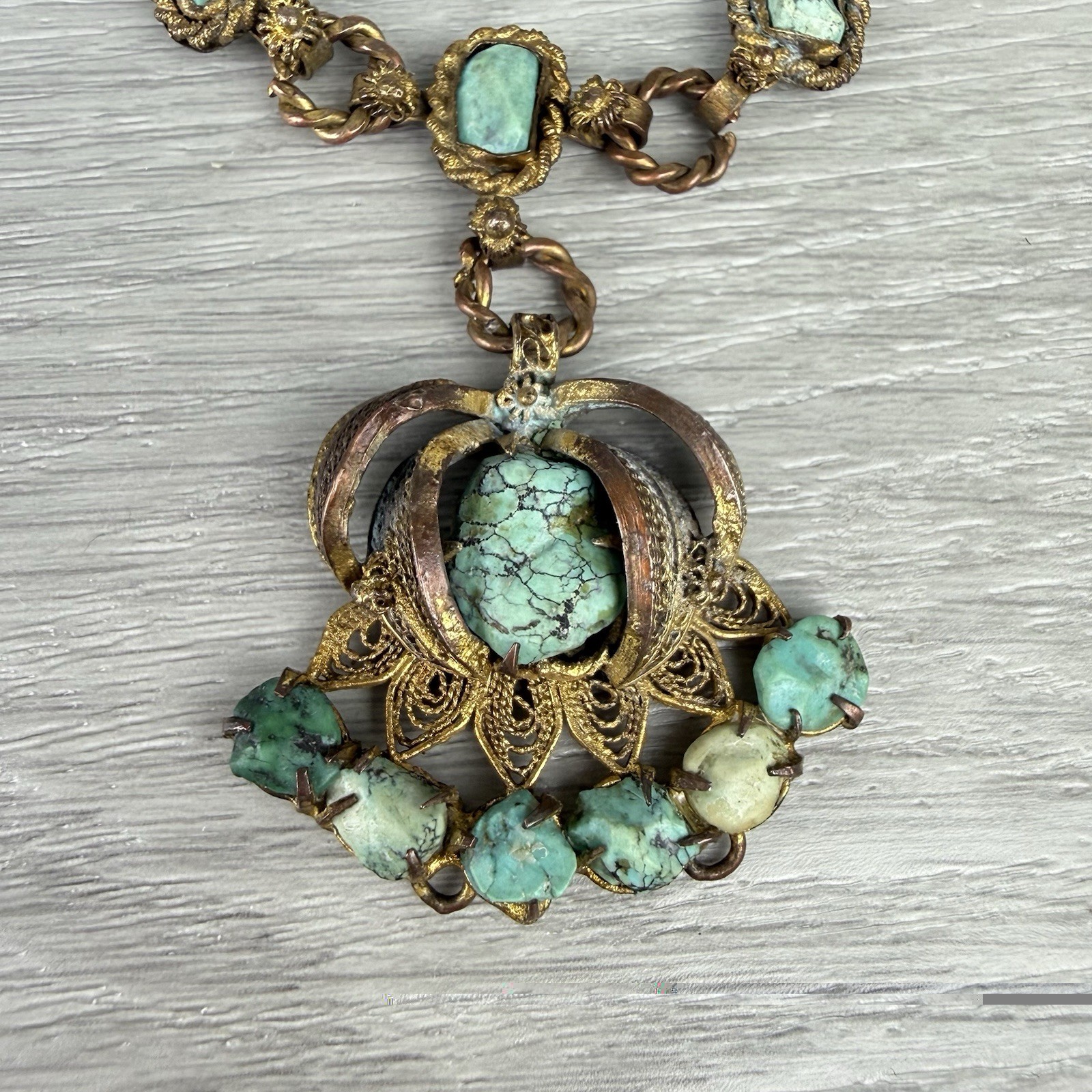 Vintage Possibly Antique Chinese Import Filigree Turquoise Pendant Necklace