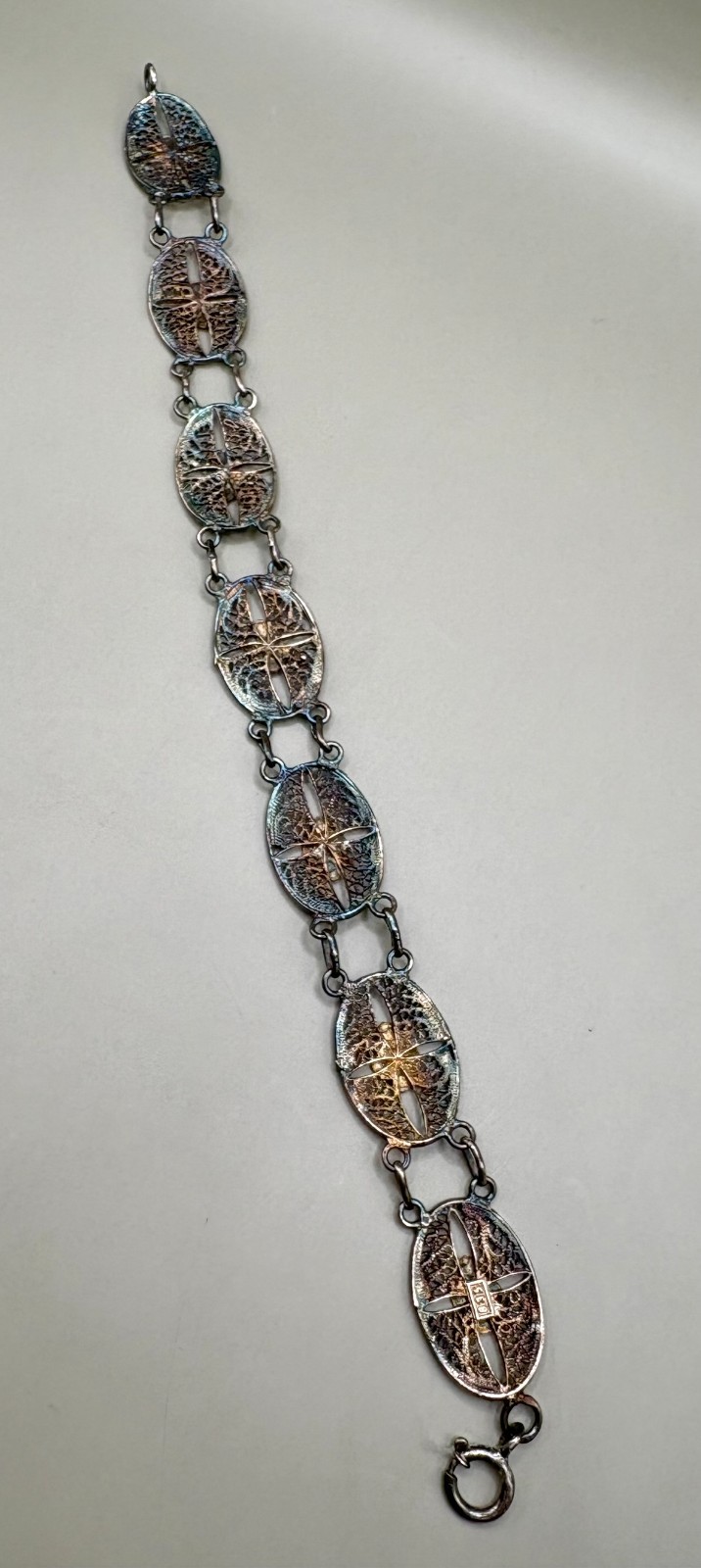 Vintage 835 Silver Enamel Filigree Panel Bracelet Green Floral European 10.65g