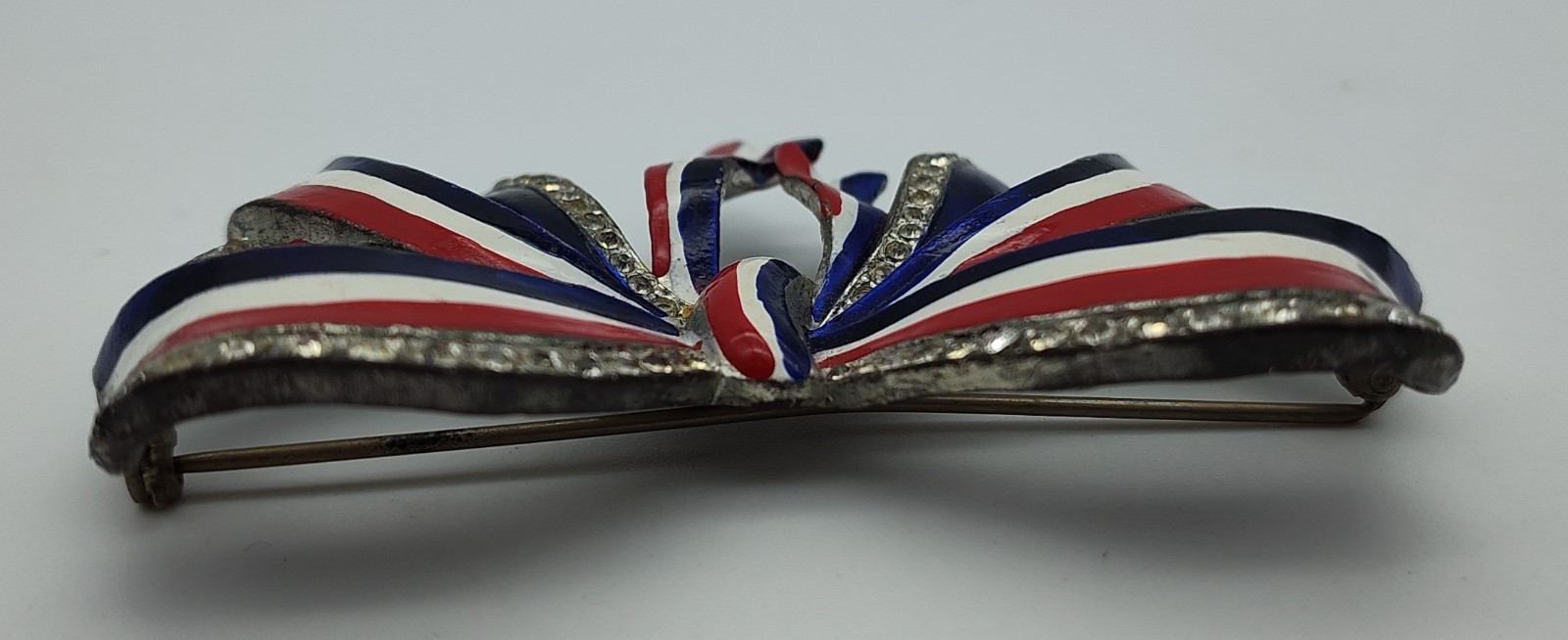 Vintage Large Bow Red White Blue WW2 Silver Tone Clear Rhinestone Pin Brooch