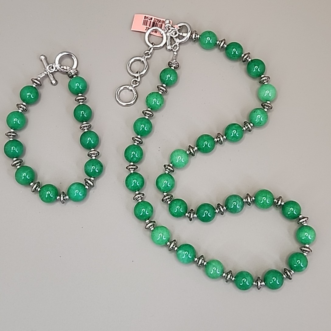 Jade Beaded Necklace Bracelet Set Green Stone Stainless Steel JTV 20″