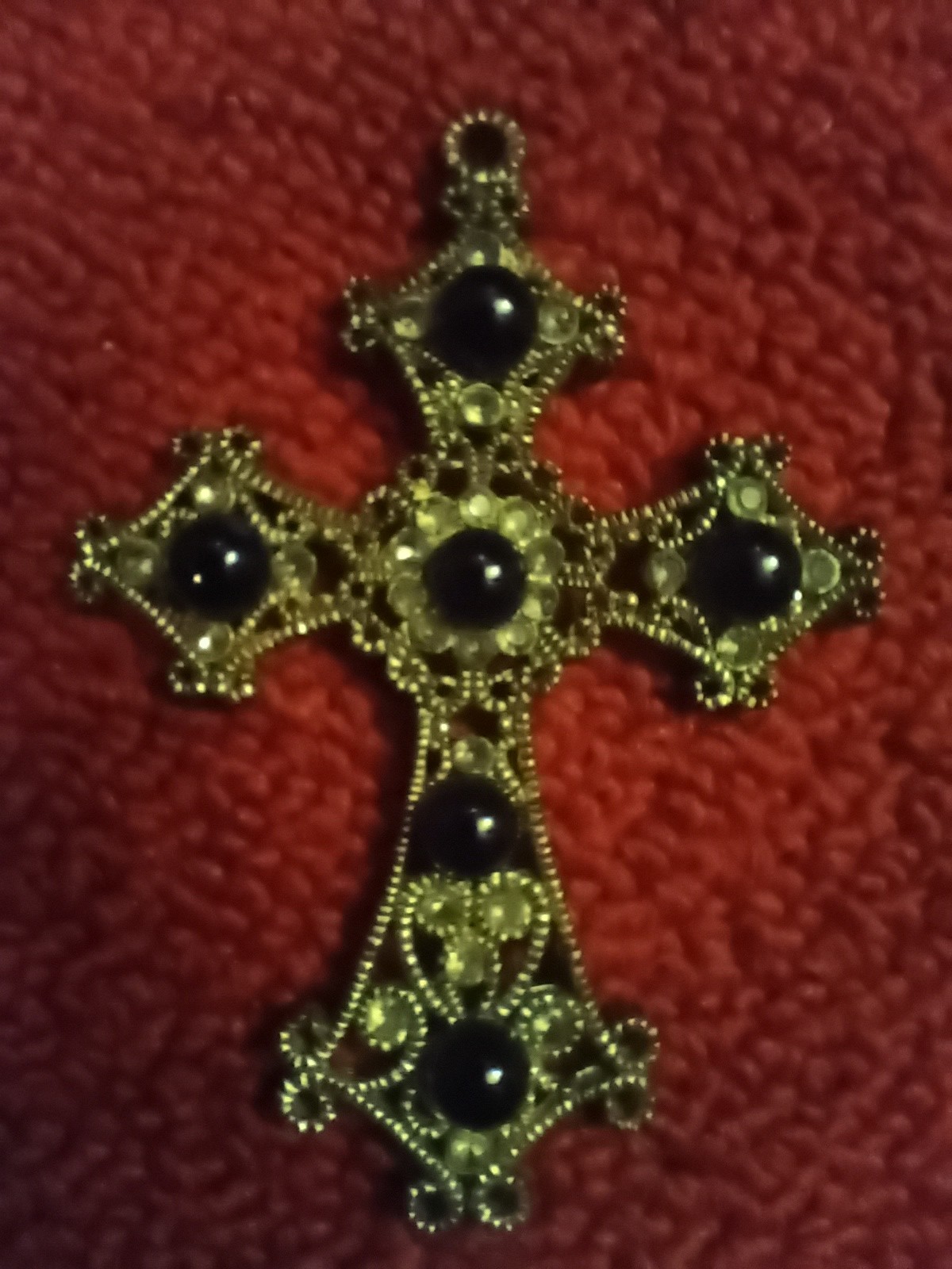 Vintage Gothic Cross Neckless Pendant Black Onyx Beads Clear Rhinestones