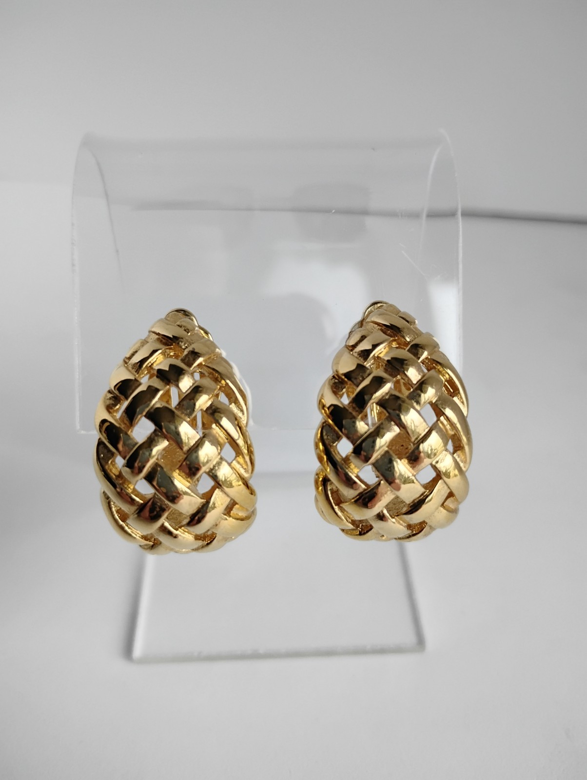 VTG Givenchy Clip On Earrings Lg Tapered Basket Weave Goldtone Signed France 1″