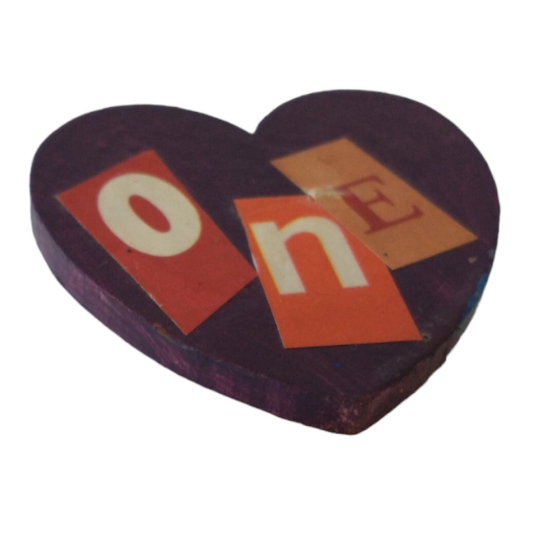 One Love Heart Brooch Pin Handmade Wooden Painted Valentine Mod Podged Eclectic