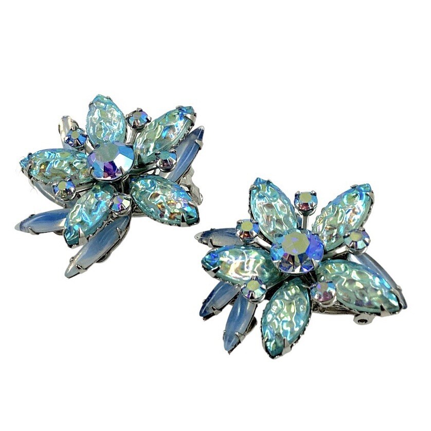Vintage Judy Lee Blue Iridescent Glass Floral Clip Earrings AB Rhinestone 1960s