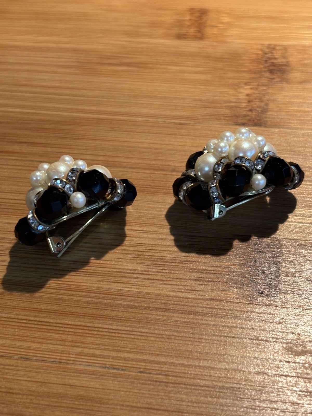 Vintage Muti- Faceted Black Cluster Bead Faux Pearl Earrings with Rhinestones