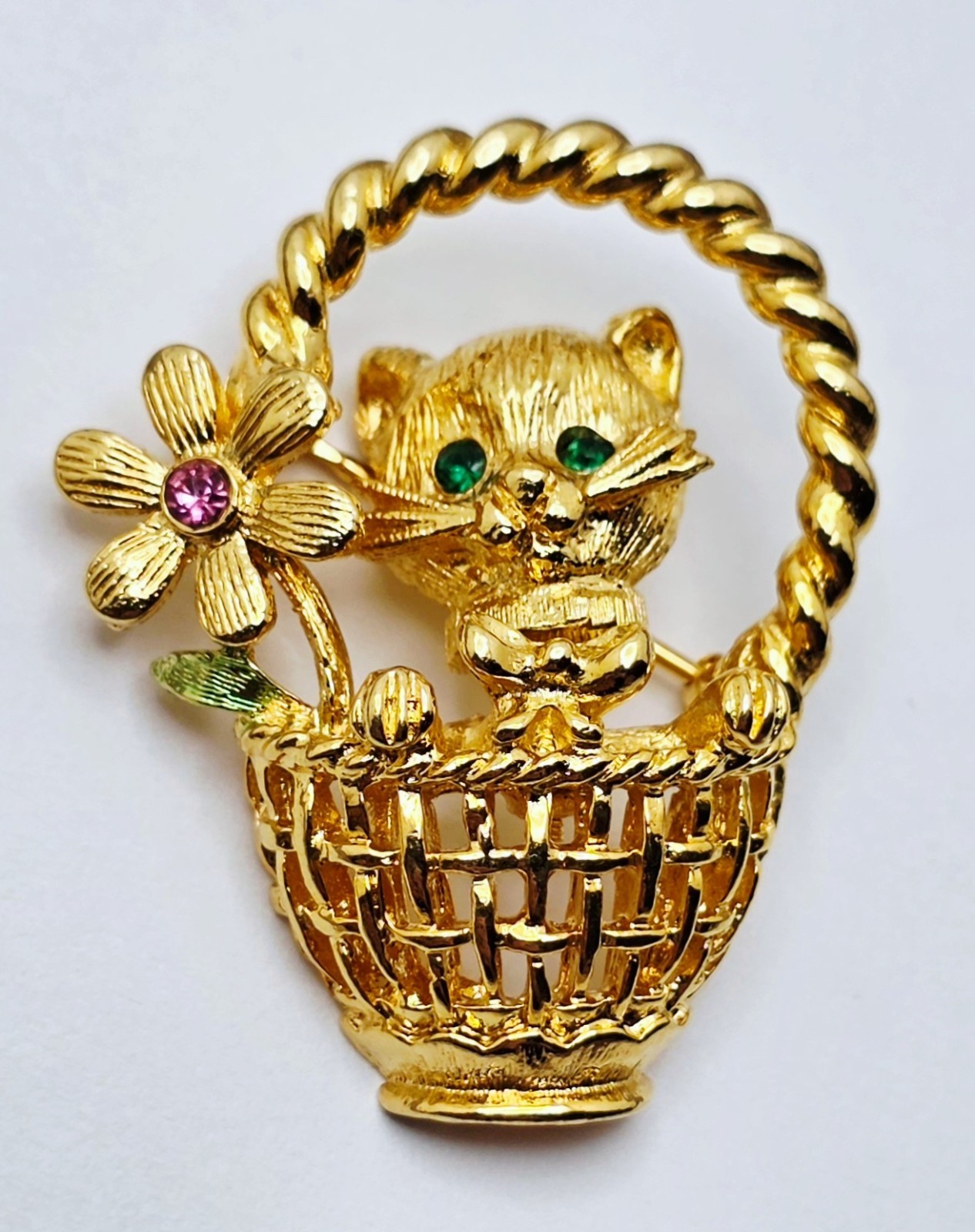 Vintage Signed Trifari Rhinestone Kitten / Cat in Flower Basket Trembler Brooch