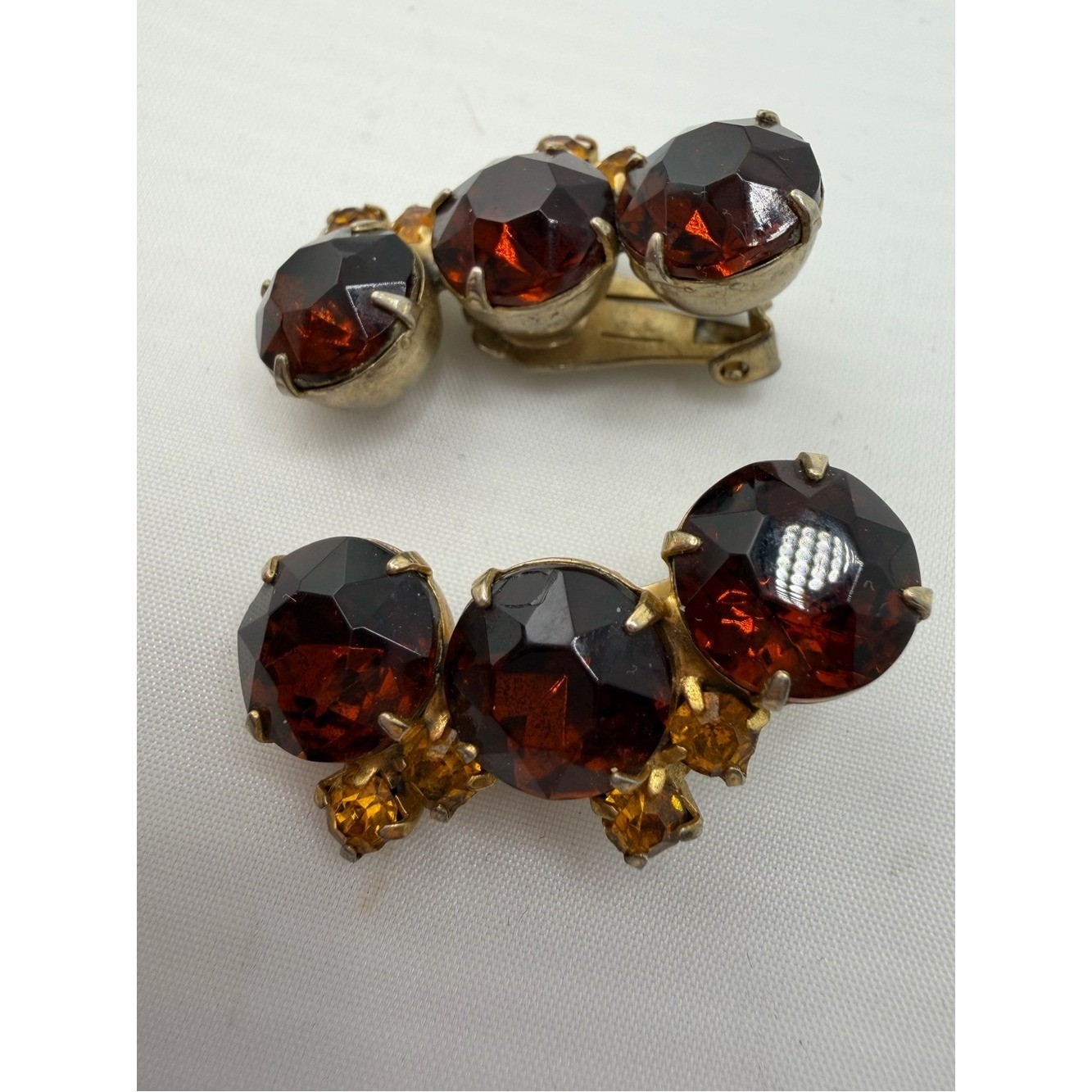 Vintage Amber Topaz Rhinestone Teardrop Cluster Clip On Earrings