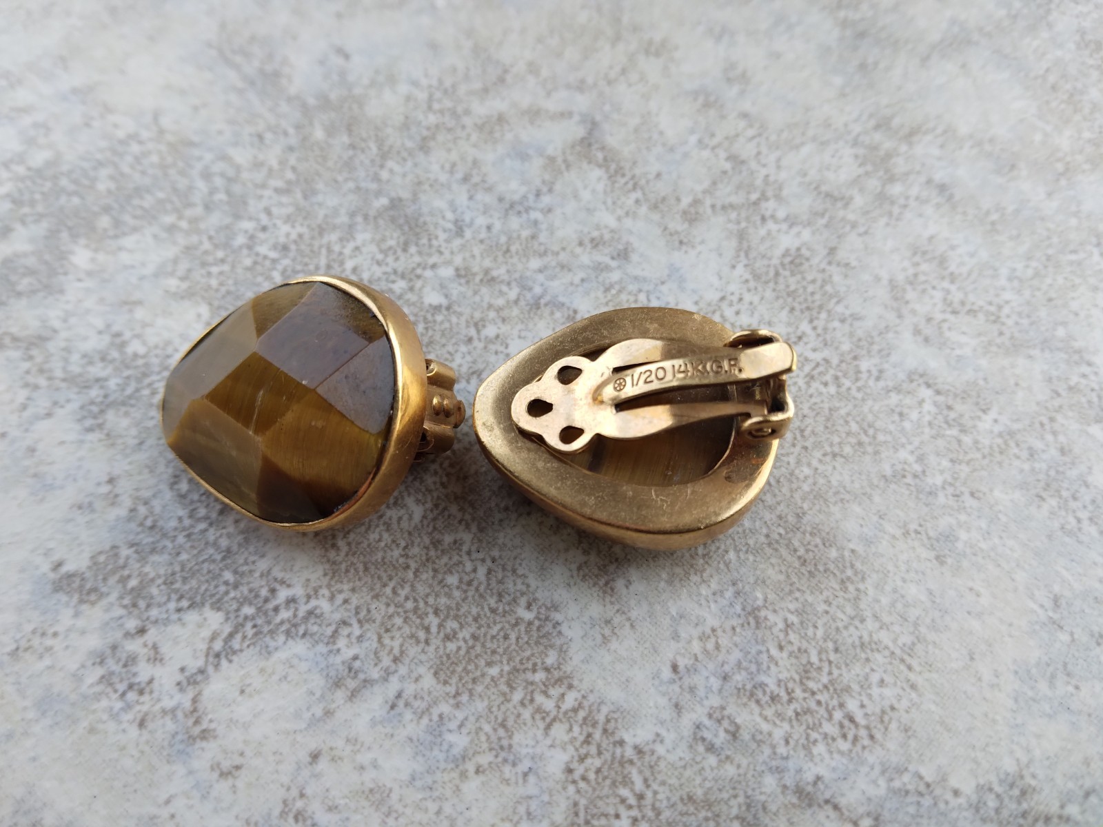 Vintage Faceted Tigers Eye Clip on earrings 14K Gold Filled Gift For Her Mom Gi