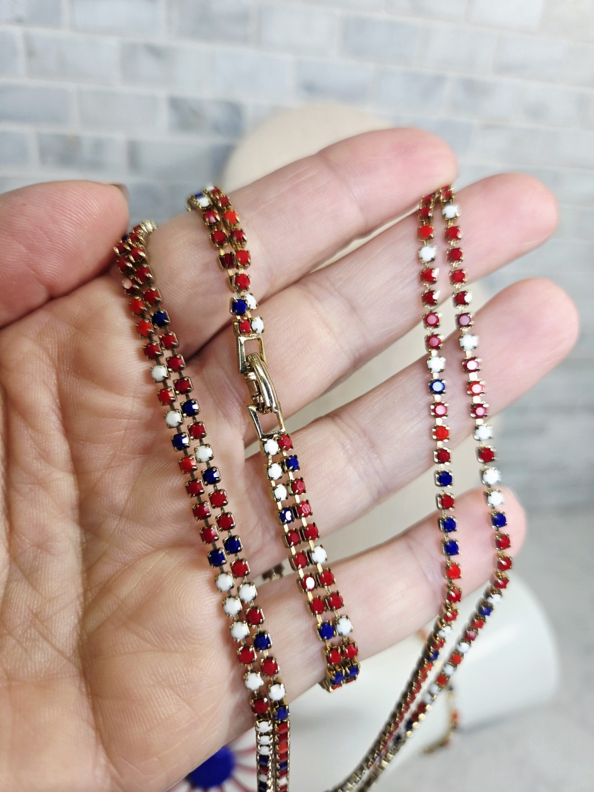 Vintage Red White & Blue Patriotic Jewelry Set Brooch Necklace & Bracelet