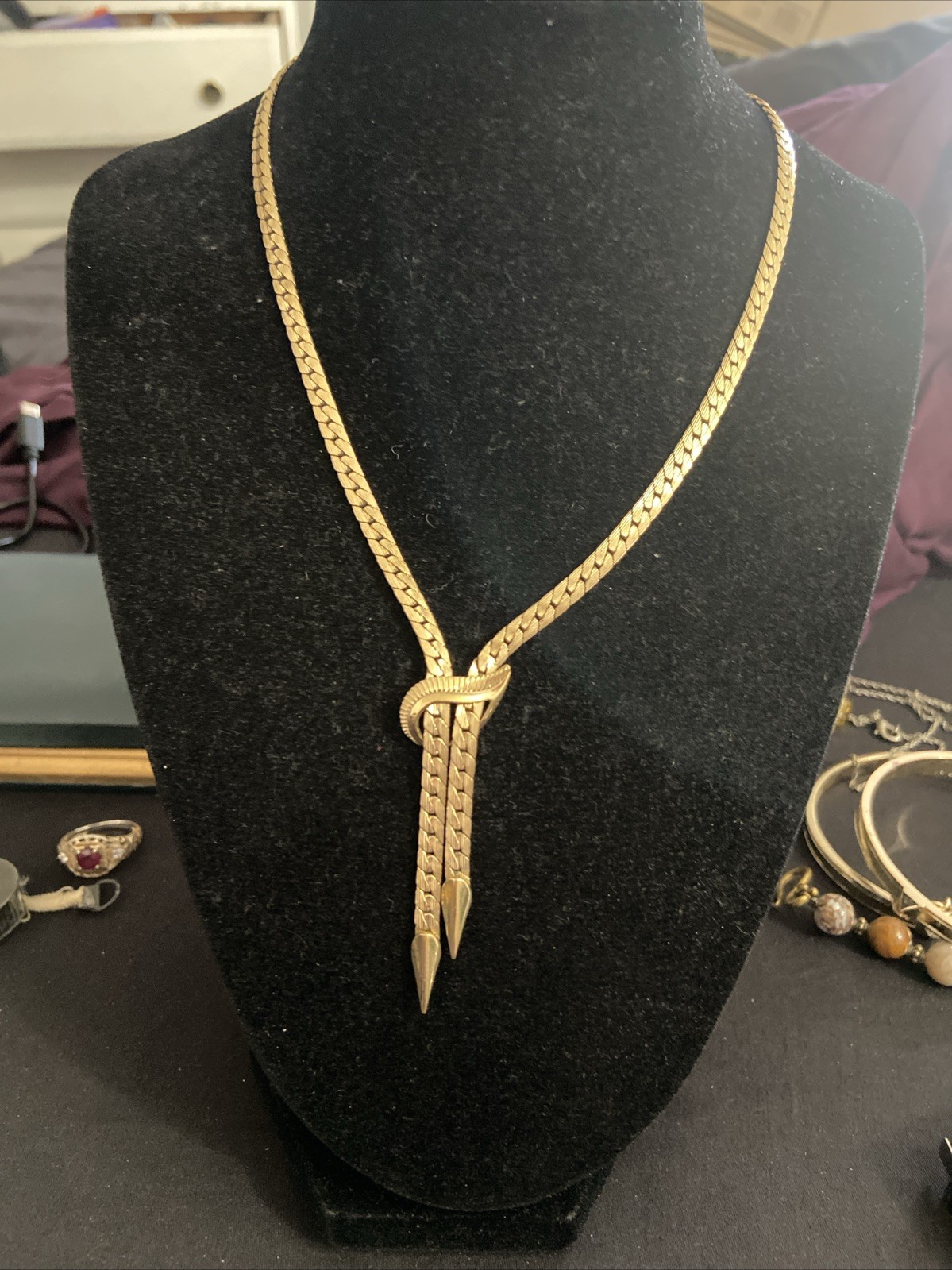 Vtg Van Dell 12k Gold Filled Herringbone Lariat Center Ornate Necklace 16” Heavy