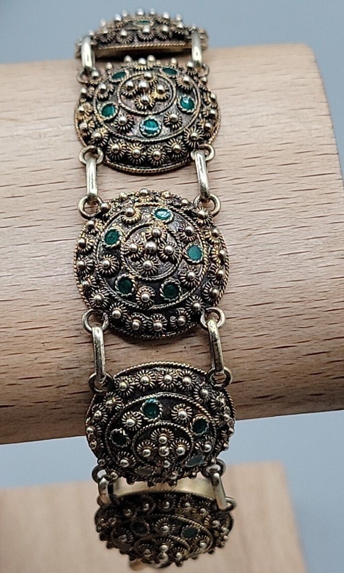 Antique Dutch 833 Silver Filigree Bracelet Green Glass Art Deco S-Hertogenbosch