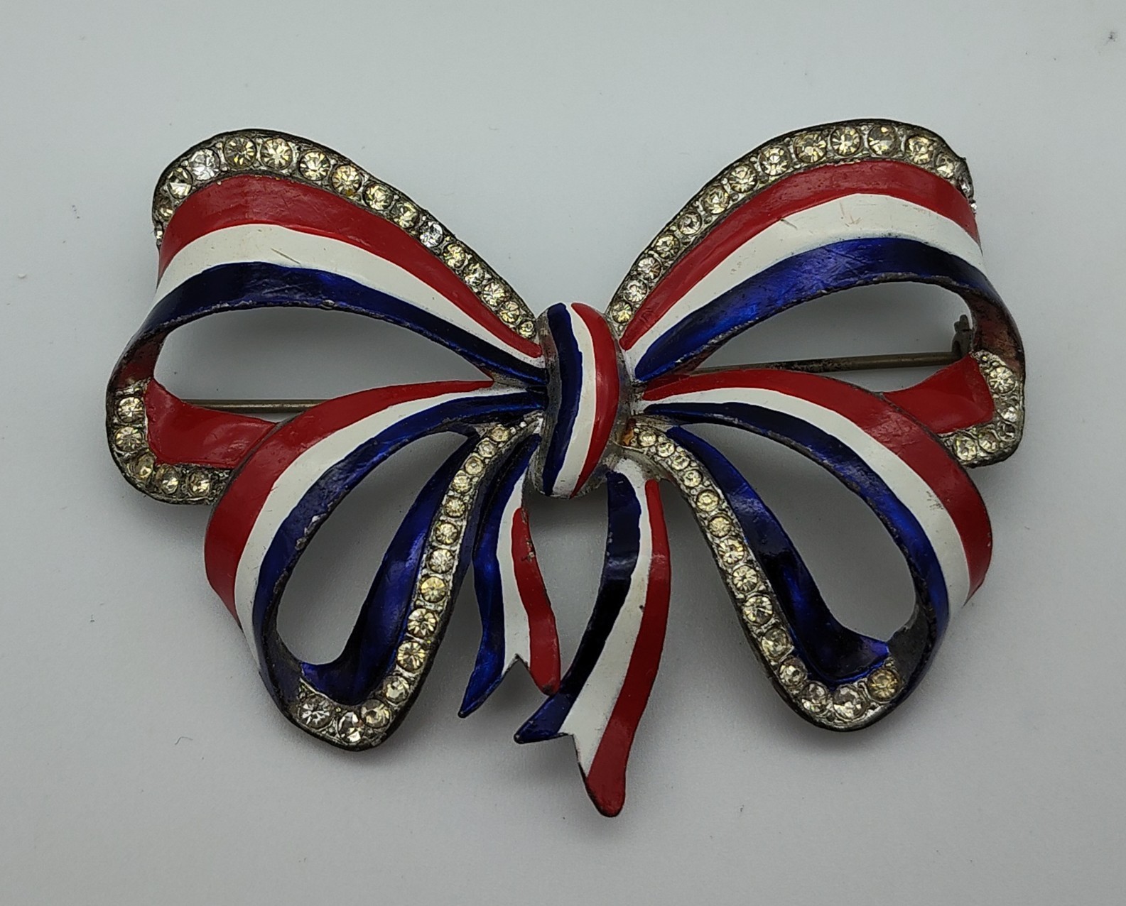 Vintage Large Bow Red White Blue WW2 Silver Tone Clear Rhinestone Pin Brooch