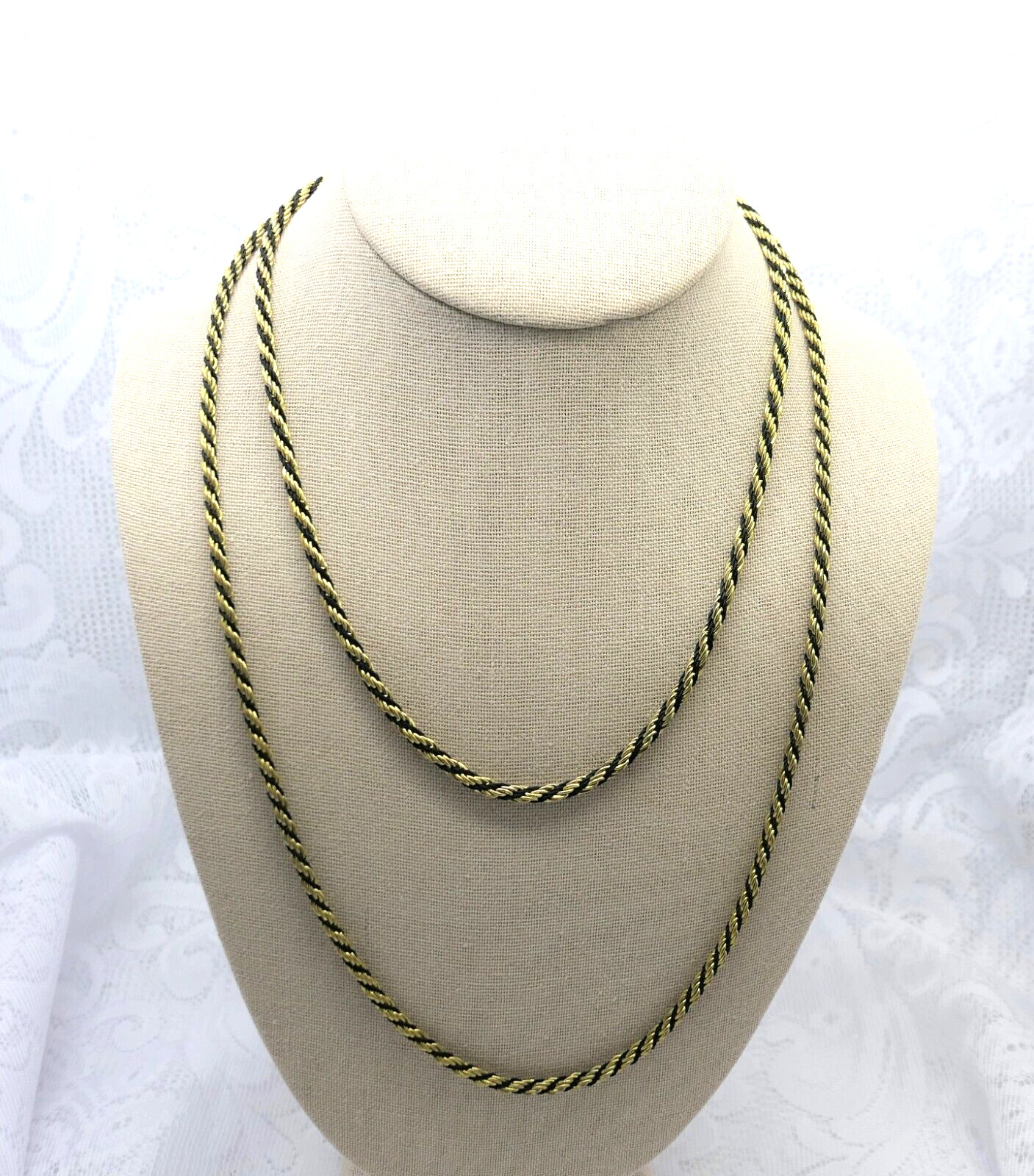 2 Necklaces Gold Tone and Black Twisted Rope Vintage 24″ & 18″